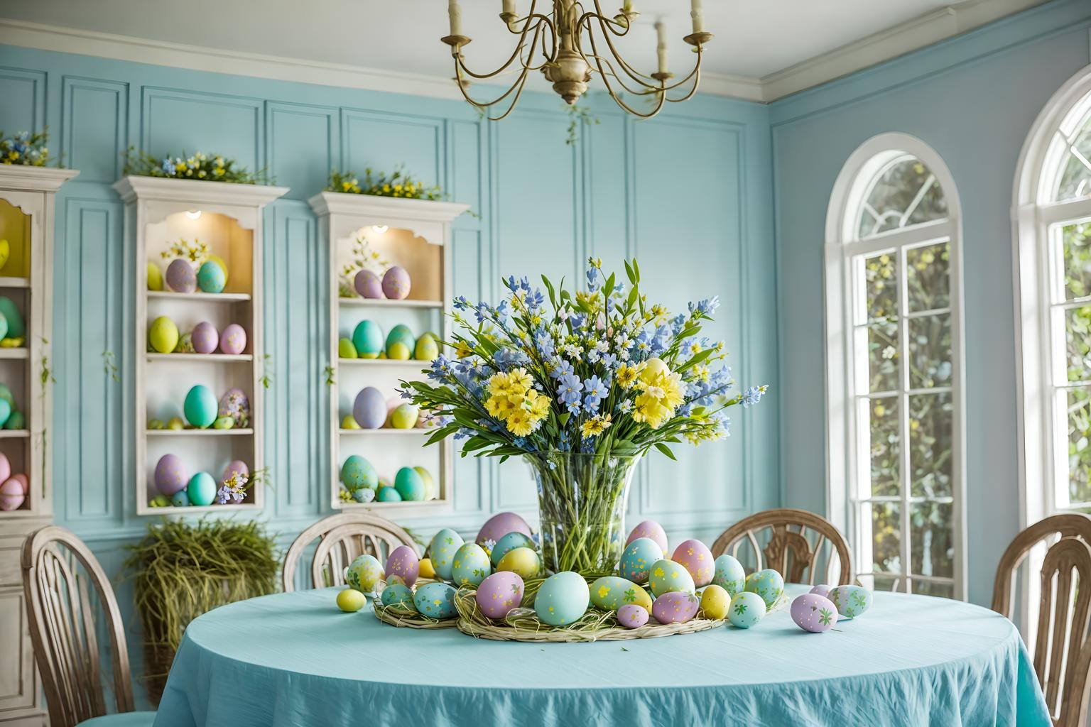 easter-style (clothing store interior) . with flowers on table and light blue colors and spring decorations and colorful easter eggs and easter decorations and flowers on table. . cinematic photo, highly detailed, cinematic lighting, ultra-detailed, ultrarealistic, photorealism, 8k. easter interior design style. masterpiece, cinematic light, ultrarealistic+, photorealistic+, 8k, raw photo, realistic, sharp focus on eyes, (symmetrical eyes), (intact eyes), hyperrealistic, highest quality, best quality, , highly detailed, masterpiece, best quality, extremely detailed 8k wallpaper, masterpiece, best quality, ultra-detailed, best shadow, detailed background, detailed face, detailed eyes, high contrast, best illumination, detailed face, dulux, caustic, dynamic angle, detailed glow. dramatic lighting. highly detailed, insanely detailed hair, symmetrical, intricate details, professionally retouched, 8k high definition. strong bokeh. award winning photo.