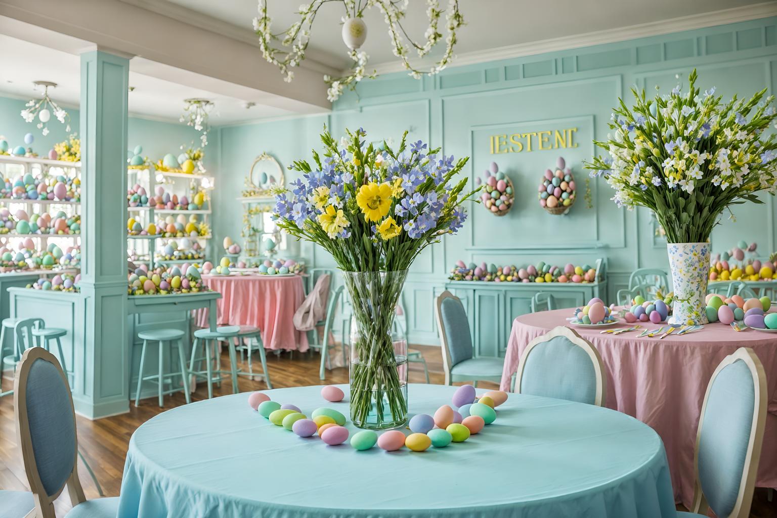 easter-style (clothing store interior) . with flowers on table and light blue colors and spring decorations and colorful easter eggs and easter decorations and flowers on table. . cinematic photo, highly detailed, cinematic lighting, ultra-detailed, ultrarealistic, photorealism, 8k. easter interior design style. masterpiece, cinematic light, ultrarealistic+, photorealistic+, 8k, raw photo, realistic, sharp focus on eyes, (symmetrical eyes), (intact eyes), hyperrealistic, highest quality, best quality, , highly detailed, masterpiece, best quality, extremely detailed 8k wallpaper, masterpiece, best quality, ultra-detailed, best shadow, detailed background, detailed face, detailed eyes, high contrast, best illumination, detailed face, dulux, caustic, dynamic angle, detailed glow. dramatic lighting. highly detailed, insanely detailed hair, symmetrical, intricate details, professionally retouched, 8k high definition. strong bokeh. award winning photo.