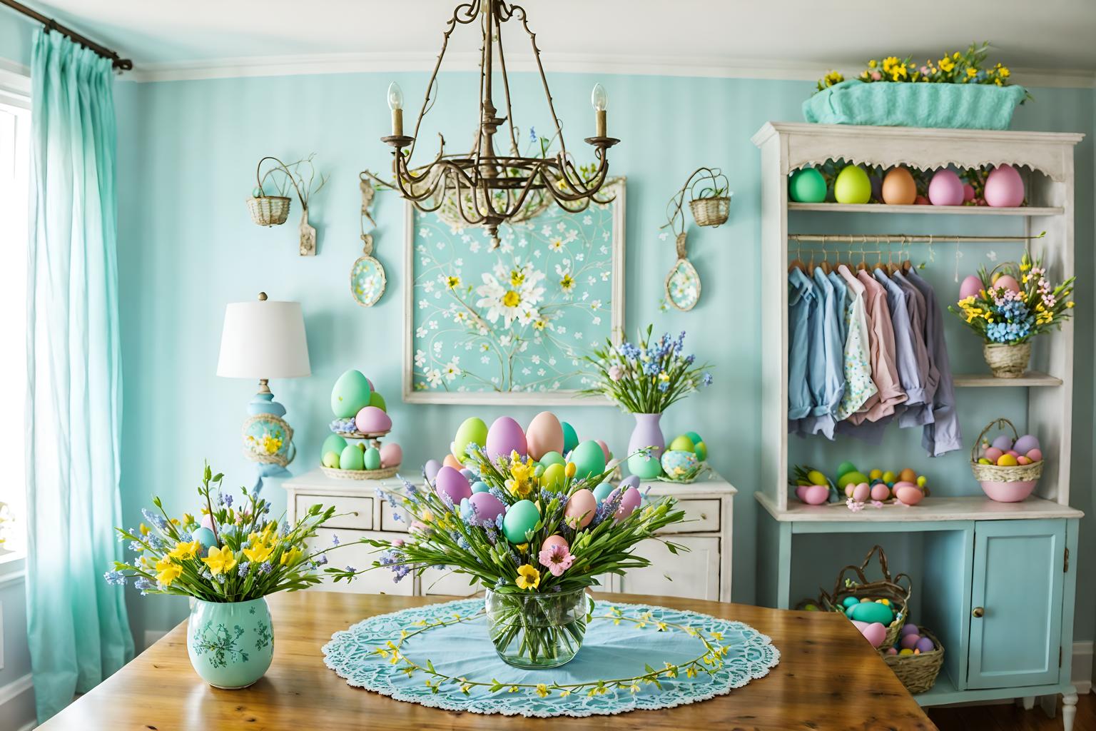 easter-style (clothing store interior) . with flowers on table and light blue colors and spring decorations and colorful easter eggs and easter decorations and flowers on table. . cinematic photo, highly detailed, cinematic lighting, ultra-detailed, ultrarealistic, photorealism, 8k. easter interior design style. masterpiece, cinematic light, ultrarealistic+, photorealistic+, 8k, raw photo, realistic, sharp focus on eyes, (symmetrical eyes), (intact eyes), hyperrealistic, highest quality, best quality, , highly detailed, masterpiece, best quality, extremely detailed 8k wallpaper, masterpiece, best quality, ultra-detailed, best shadow, detailed background, detailed face, detailed eyes, high contrast, best illumination, detailed face, dulux, caustic, dynamic angle, detailed glow. dramatic lighting. highly detailed, insanely detailed hair, symmetrical, intricate details, professionally retouched, 8k high definition. strong bokeh. award winning photo.