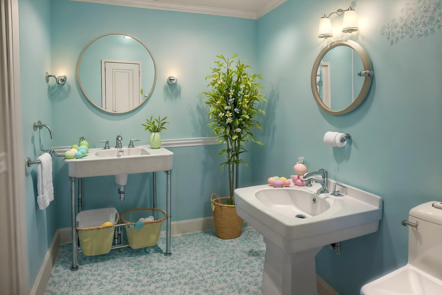 easter-style (hotel bathroom interior) with toilet seat and bathroom sink with faucet and bathtub and waste basket and bathroom cabinet and plant and bath rail and shower. . with light blue colors and spring decorations and flowers on table and colorful easter eggs and easter decorations and light blue colors. . cinematic photo, highly detailed, cinematic lighting, ultra-detailed, ultrarealistic, photorealism, 8k. easter interior design style. masterpiece, cinematic light, ultrarealistic+, photorealistic+, 8k, raw photo, realistic, sharp focus on eyes, (symmetrical eyes), (intact eyes), hyperrealistic, highest quality, best quality, , highly detailed, masterpiece, best quality, extremely detailed 8k wallpaper, masterpiece, best quality, ultra-detailed, best shadow, detailed background, detailed face, detailed eyes, high contrast, best illumination, detailed face, dulux, caustic, dynamic angle, detailed glow. dramatic lighting. highly detailed, insanely detailed hair, symmetrical, intricate details, professionally retouched, 8k high definition. strong bokeh. award winning photo.