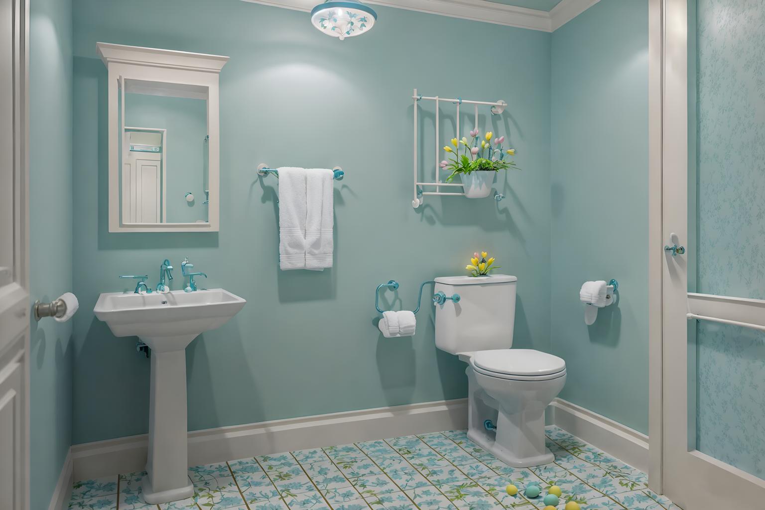 easter-style (hotel bathroom interior) with toilet seat and bathroom sink with faucet and bathtub and waste basket and bathroom cabinet and plant and bath rail and shower. . with light blue colors and spring decorations and flowers on table and colorful easter eggs and easter decorations and light blue colors. . cinematic photo, highly detailed, cinematic lighting, ultra-detailed, ultrarealistic, photorealism, 8k. easter interior design style. masterpiece, cinematic light, ultrarealistic+, photorealistic+, 8k, raw photo, realistic, sharp focus on eyes, (symmetrical eyes), (intact eyes), hyperrealistic, highest quality, best quality, , highly detailed, masterpiece, best quality, extremely detailed 8k wallpaper, masterpiece, best quality, ultra-detailed, best shadow, detailed background, detailed face, detailed eyes, high contrast, best illumination, detailed face, dulux, caustic, dynamic angle, detailed glow. dramatic lighting. highly detailed, insanely detailed hair, symmetrical, intricate details, professionally retouched, 8k high definition. strong bokeh. award winning photo.