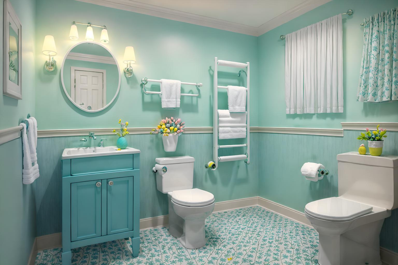 easter-style (hotel bathroom interior) with toilet seat and bathroom sink with faucet and bathtub and waste basket and bathroom cabinet and plant and bath rail and shower. . with light blue colors and spring decorations and flowers on table and colorful easter eggs and easter decorations and light blue colors. . cinematic photo, highly detailed, cinematic lighting, ultra-detailed, ultrarealistic, photorealism, 8k. easter interior design style. masterpiece, cinematic light, ultrarealistic+, photorealistic+, 8k, raw photo, realistic, sharp focus on eyes, (symmetrical eyes), (intact eyes), hyperrealistic, highest quality, best quality, , highly detailed, masterpiece, best quality, extremely detailed 8k wallpaper, masterpiece, best quality, ultra-detailed, best shadow, detailed background, detailed face, detailed eyes, high contrast, best illumination, detailed face, dulux, caustic, dynamic angle, detailed glow. dramatic lighting. highly detailed, insanely detailed hair, symmetrical, intricate details, professionally retouched, 8k high definition. strong bokeh. award winning photo.