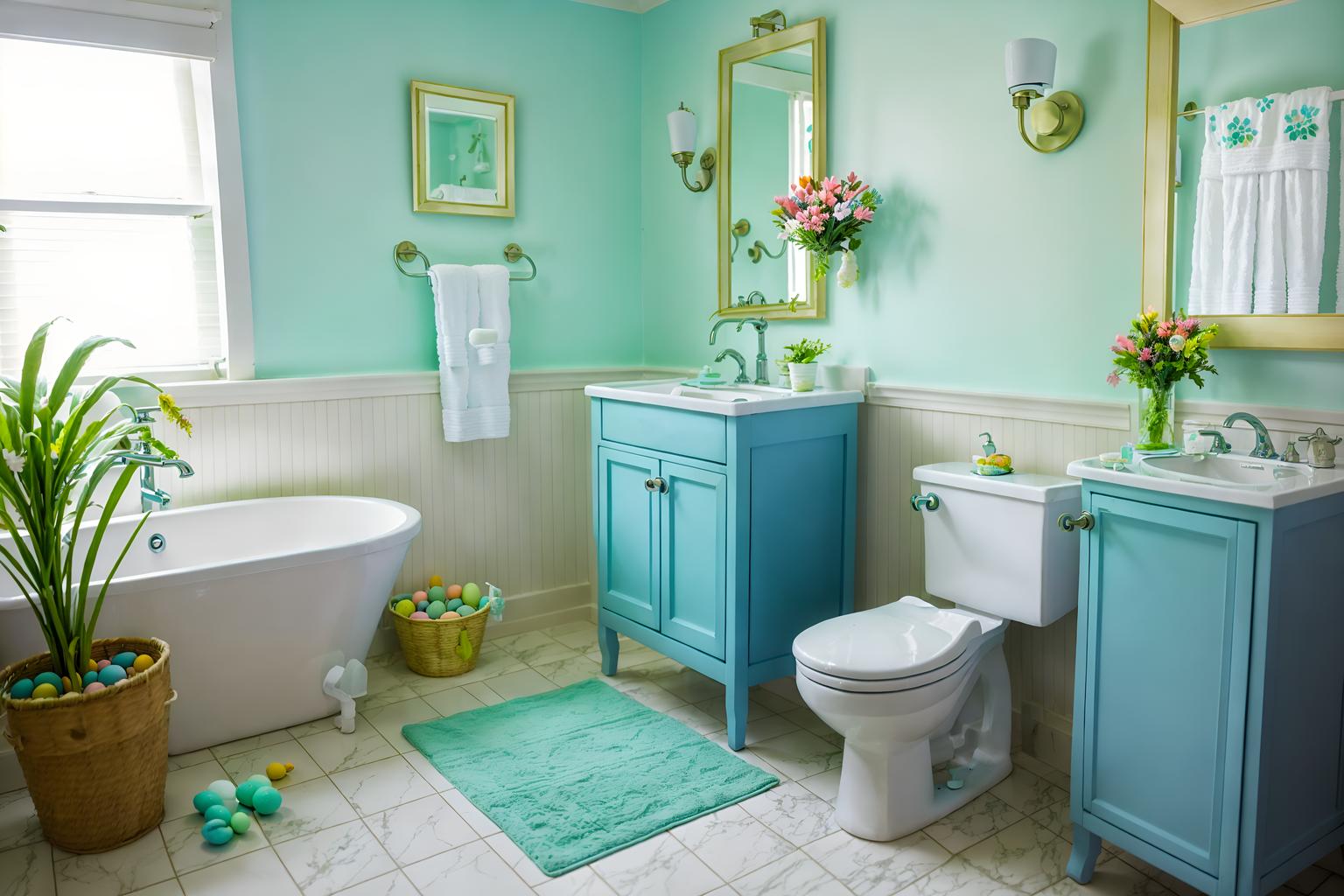 easter-style (hotel bathroom interior) with toilet seat and bathroom sink with faucet and bathtub and waste basket and bathroom cabinet and plant and bath rail and shower. . with light blue colors and spring decorations and flowers on table and colorful easter eggs and easter decorations and light blue colors. . cinematic photo, highly detailed, cinematic lighting, ultra-detailed, ultrarealistic, photorealism, 8k. easter interior design style. masterpiece, cinematic light, ultrarealistic+, photorealistic+, 8k, raw photo, realistic, sharp focus on eyes, (symmetrical eyes), (intact eyes), hyperrealistic, highest quality, best quality, , highly detailed, masterpiece, best quality, extremely detailed 8k wallpaper, masterpiece, best quality, ultra-detailed, best shadow, detailed background, detailed face, detailed eyes, high contrast, best illumination, detailed face, dulux, caustic, dynamic angle, detailed glow. dramatic lighting. highly detailed, insanely detailed hair, symmetrical, intricate details, professionally retouched, 8k high definition. strong bokeh. award winning photo.