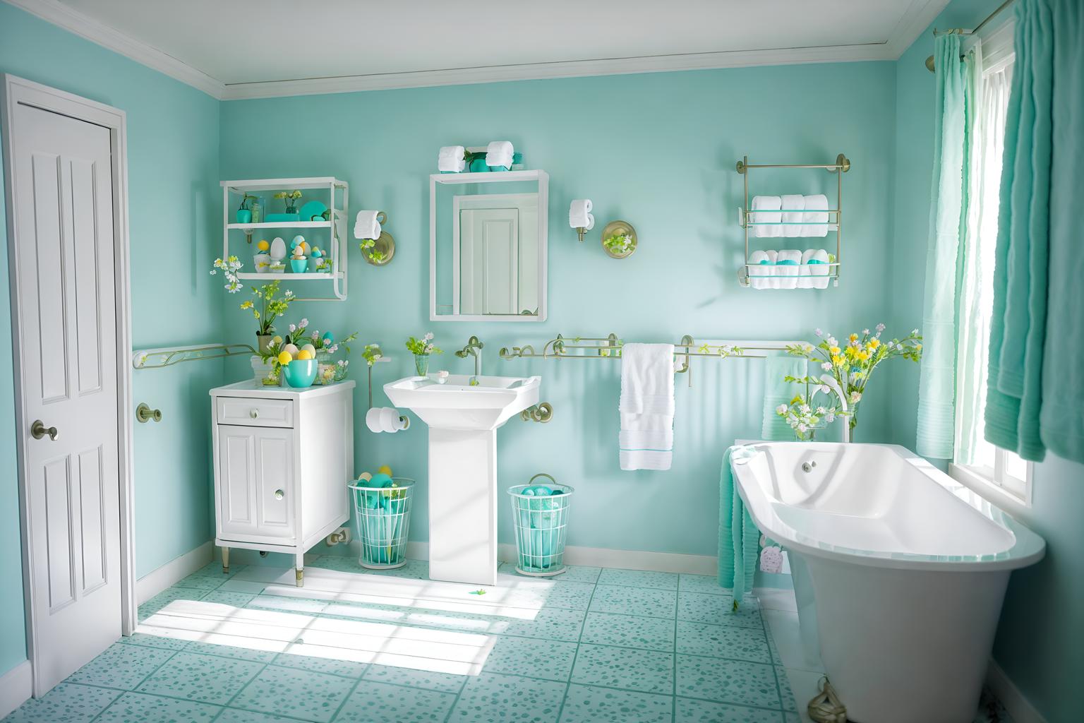 easter-style (hotel bathroom interior) with toilet seat and bathroom sink with faucet and bathtub and waste basket and bathroom cabinet and plant and bath rail and shower. . with light blue colors and spring decorations and flowers on table and colorful easter eggs and easter decorations and light blue colors. . cinematic photo, highly detailed, cinematic lighting, ultra-detailed, ultrarealistic, photorealism, 8k. easter interior design style. masterpiece, cinematic light, ultrarealistic+, photorealistic+, 8k, raw photo, realistic, sharp focus on eyes, (symmetrical eyes), (intact eyes), hyperrealistic, highest quality, best quality, , highly detailed, masterpiece, best quality, extremely detailed 8k wallpaper, masterpiece, best quality, ultra-detailed, best shadow, detailed background, detailed face, detailed eyes, high contrast, best illumination, detailed face, dulux, caustic, dynamic angle, detailed glow. dramatic lighting. highly detailed, insanely detailed hair, symmetrical, intricate details, professionally retouched, 8k high definition. strong bokeh. award winning photo.