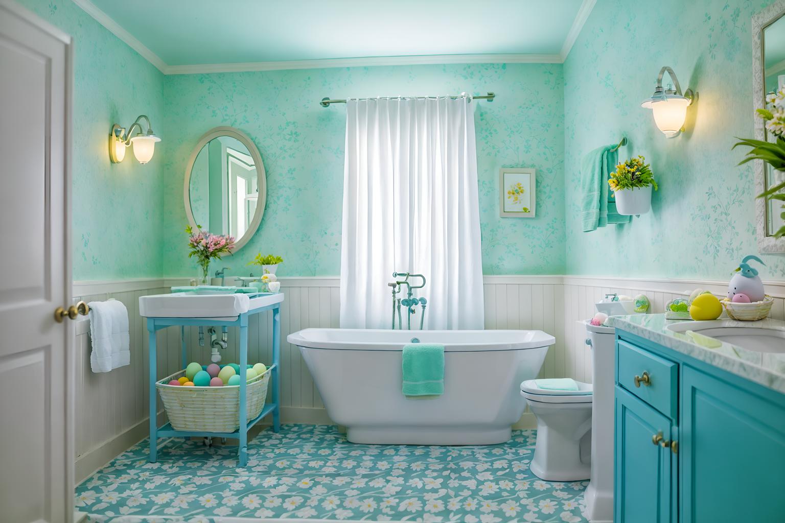 easter-style (hotel bathroom interior) with toilet seat and bathroom sink with faucet and bathtub and waste basket and bathroom cabinet and plant and bath rail and shower. . with light blue colors and spring decorations and flowers on table and colorful easter eggs and easter decorations and light blue colors. . cinematic photo, highly detailed, cinematic lighting, ultra-detailed, ultrarealistic, photorealism, 8k. easter interior design style. masterpiece, cinematic light, ultrarealistic+, photorealistic+, 8k, raw photo, realistic, sharp focus on eyes, (symmetrical eyes), (intact eyes), hyperrealistic, highest quality, best quality, , highly detailed, masterpiece, best quality, extremely detailed 8k wallpaper, masterpiece, best quality, ultra-detailed, best shadow, detailed background, detailed face, detailed eyes, high contrast, best illumination, detailed face, dulux, caustic, dynamic angle, detailed glow. dramatic lighting. highly detailed, insanely detailed hair, symmetrical, intricate details, professionally retouched, 8k high definition. strong bokeh. award winning photo.