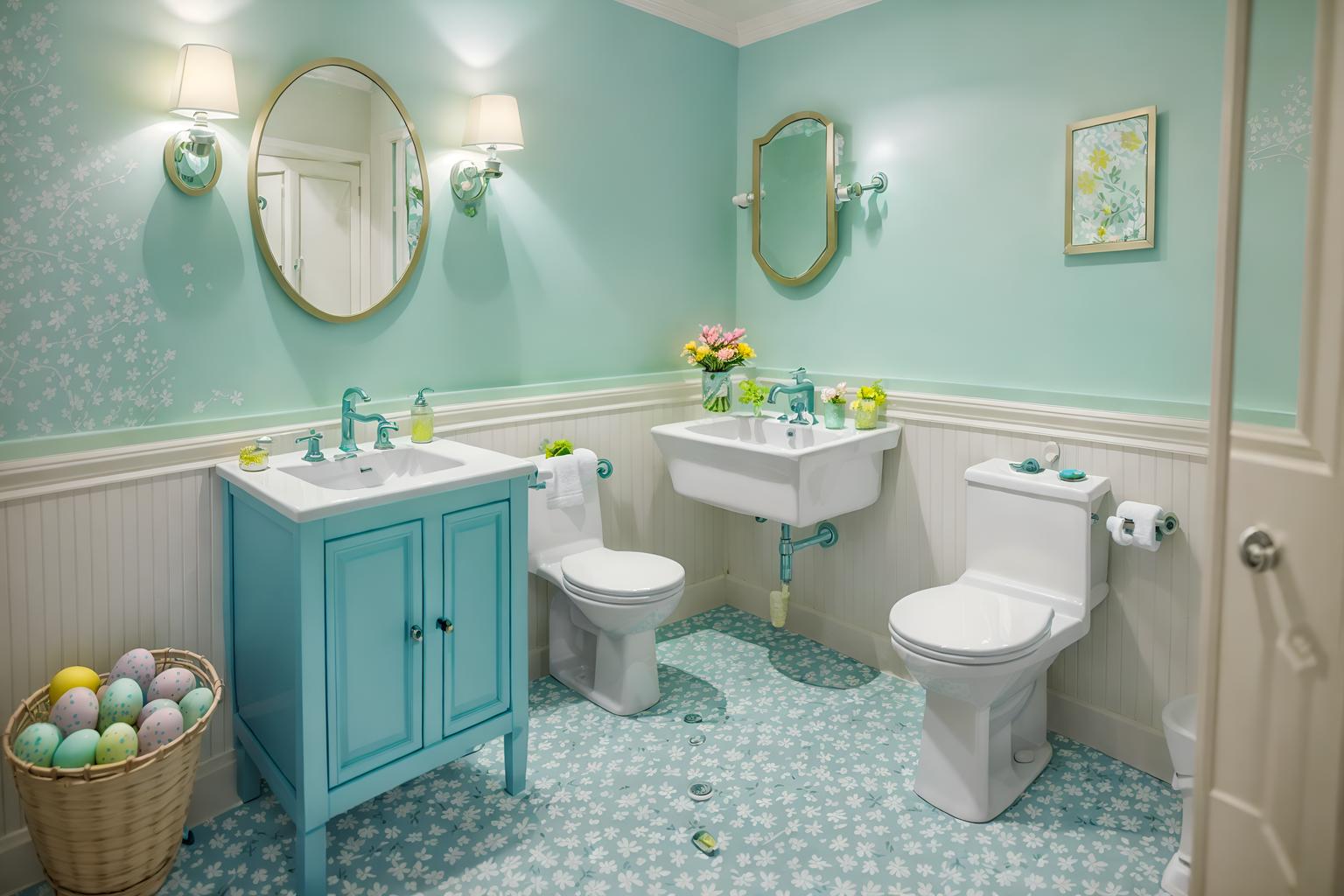easter-style (hotel bathroom interior) with toilet seat and bathroom sink with faucet and bathtub and waste basket and bathroom cabinet and plant and bath rail and shower. . with light blue colors and spring decorations and flowers on table and colorful easter eggs and easter decorations and light blue colors. . cinematic photo, highly detailed, cinematic lighting, ultra-detailed, ultrarealistic, photorealism, 8k. easter interior design style. masterpiece, cinematic light, ultrarealistic+, photorealistic+, 8k, raw photo, realistic, sharp focus on eyes, (symmetrical eyes), (intact eyes), hyperrealistic, highest quality, best quality, , highly detailed, masterpiece, best quality, extremely detailed 8k wallpaper, masterpiece, best quality, ultra-detailed, best shadow, detailed background, detailed face, detailed eyes, high contrast, best illumination, detailed face, dulux, caustic, dynamic angle, detailed glow. dramatic lighting. highly detailed, insanely detailed hair, symmetrical, intricate details, professionally retouched, 8k high definition. strong bokeh. award winning photo.