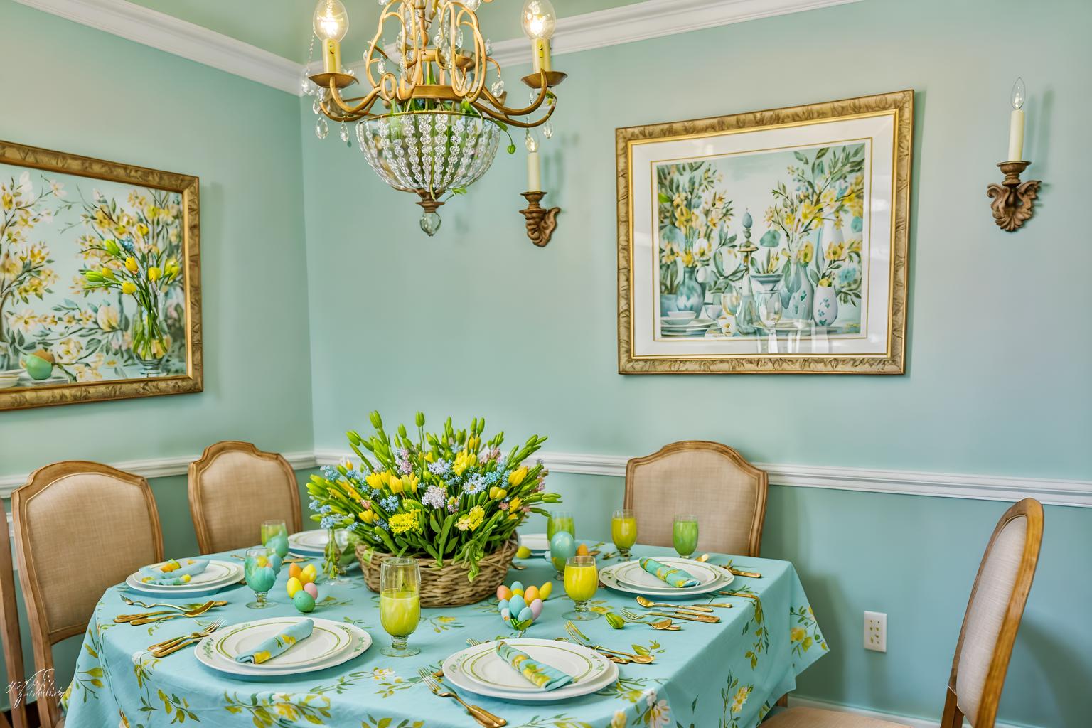 easter-style (dining room interior) with table cloth and painting or photo on wall and dining table and dining table chairs and light or chandelier and vase and plant and plates, cutlery and glasses on dining table. . with flowers on table and colorful easter eggs and light blue colors and spring decorations and easter decorations and flowers on table. . cinematic photo, highly detailed, cinematic lighting, ultra-detailed, ultrarealistic, photorealism, 8k. easter interior design style. masterpiece, cinematic light, ultrarealistic+, photorealistic+, 8k, raw photo, realistic, sharp focus on eyes, (symmetrical eyes), (intact eyes), hyperrealistic, highest quality, best quality, , highly detailed, masterpiece, best quality, extremely detailed 8k wallpaper, masterpiece, best quality, ultra-detailed, best shadow, detailed background, detailed face, detailed eyes, high contrast, best illumination, detailed face, dulux, caustic, dynamic angle, detailed glow. dramatic lighting. highly detailed, insanely detailed hair, symmetrical, intricate details, professionally retouched, 8k high definition. strong bokeh. award winning photo.