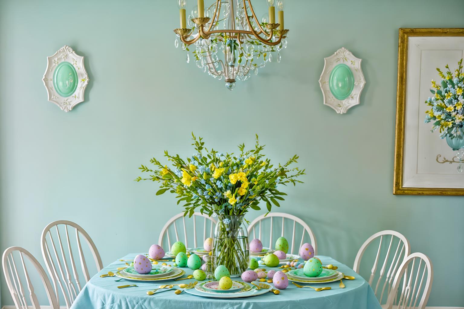 easter-style (dining room interior) with table cloth and painting or photo on wall and dining table and dining table chairs and light or chandelier and vase and plant and plates, cutlery and glasses on dining table. . with flowers on table and colorful easter eggs and light blue colors and spring decorations and easter decorations and flowers on table. . cinematic photo, highly detailed, cinematic lighting, ultra-detailed, ultrarealistic, photorealism, 8k. easter interior design style. masterpiece, cinematic light, ultrarealistic+, photorealistic+, 8k, raw photo, realistic, sharp focus on eyes, (symmetrical eyes), (intact eyes), hyperrealistic, highest quality, best quality, , highly detailed, masterpiece, best quality, extremely detailed 8k wallpaper, masterpiece, best quality, ultra-detailed, best shadow, detailed background, detailed face, detailed eyes, high contrast, best illumination, detailed face, dulux, caustic, dynamic angle, detailed glow. dramatic lighting. highly detailed, insanely detailed hair, symmetrical, intricate details, professionally retouched, 8k high definition. strong bokeh. award winning photo.