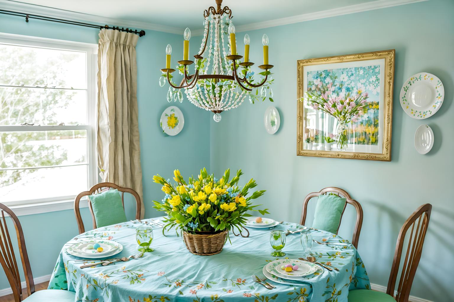 easter-style (dining room interior) with table cloth and painting or photo on wall and dining table and dining table chairs and light or chandelier and vase and plant and plates, cutlery and glasses on dining table. . with flowers on table and colorful easter eggs and light blue colors and spring decorations and easter decorations and flowers on table. . cinematic photo, highly detailed, cinematic lighting, ultra-detailed, ultrarealistic, photorealism, 8k. easter interior design style. masterpiece, cinematic light, ultrarealistic+, photorealistic+, 8k, raw photo, realistic, sharp focus on eyes, (symmetrical eyes), (intact eyes), hyperrealistic, highest quality, best quality, , highly detailed, masterpiece, best quality, extremely detailed 8k wallpaper, masterpiece, best quality, ultra-detailed, best shadow, detailed background, detailed face, detailed eyes, high contrast, best illumination, detailed face, dulux, caustic, dynamic angle, detailed glow. dramatic lighting. highly detailed, insanely detailed hair, symmetrical, intricate details, professionally retouched, 8k high definition. strong bokeh. award winning photo.