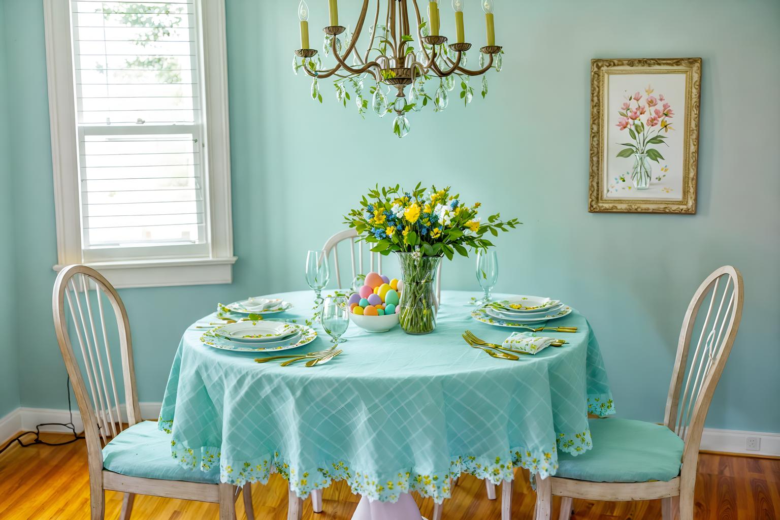 easter-style (dining room interior) with table cloth and painting or photo on wall and dining table and dining table chairs and light or chandelier and vase and plant and plates, cutlery and glasses on dining table. . with flowers on table and colorful easter eggs and light blue colors and spring decorations and easter decorations and flowers on table. . cinematic photo, highly detailed, cinematic lighting, ultra-detailed, ultrarealistic, photorealism, 8k. easter interior design style. masterpiece, cinematic light, ultrarealistic+, photorealistic+, 8k, raw photo, realistic, sharp focus on eyes, (symmetrical eyes), (intact eyes), hyperrealistic, highest quality, best quality, , highly detailed, masterpiece, best quality, extremely detailed 8k wallpaper, masterpiece, best quality, ultra-detailed, best shadow, detailed background, detailed face, detailed eyes, high contrast, best illumination, detailed face, dulux, caustic, dynamic angle, detailed glow. dramatic lighting. highly detailed, insanely detailed hair, symmetrical, intricate details, professionally retouched, 8k high definition. strong bokeh. award winning photo.