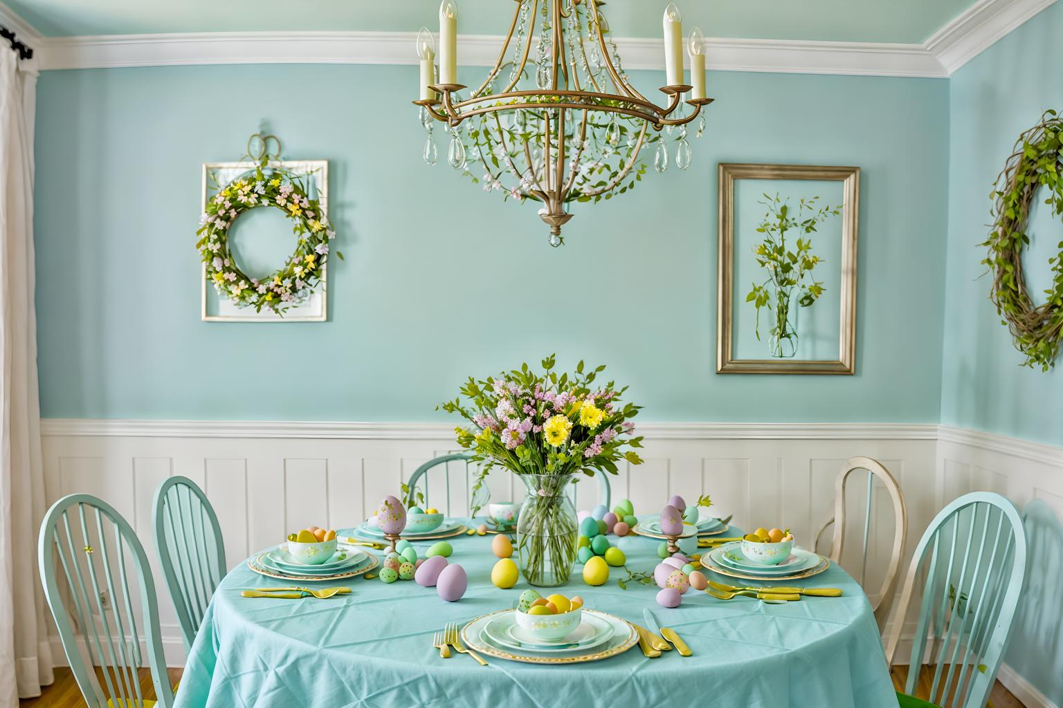 easter-style (dining room interior) with table cloth and painting or photo on wall and dining table and dining table chairs and light or chandelier and vase and plant and plates, cutlery and glasses on dining table. . with flowers on table and colorful easter eggs and light blue colors and spring decorations and easter decorations and flowers on table. . cinematic photo, highly detailed, cinematic lighting, ultra-detailed, ultrarealistic, photorealism, 8k. easter interior design style. masterpiece, cinematic light, ultrarealistic+, photorealistic+, 8k, raw photo, realistic, sharp focus on eyes, (symmetrical eyes), (intact eyes), hyperrealistic, highest quality, best quality, , highly detailed, masterpiece, best quality, extremely detailed 8k wallpaper, masterpiece, best quality, ultra-detailed, best shadow, detailed background, detailed face, detailed eyes, high contrast, best illumination, detailed face, dulux, caustic, dynamic angle, detailed glow. dramatic lighting. highly detailed, insanely detailed hair, symmetrical, intricate details, professionally retouched, 8k high definition. strong bokeh. award winning photo.