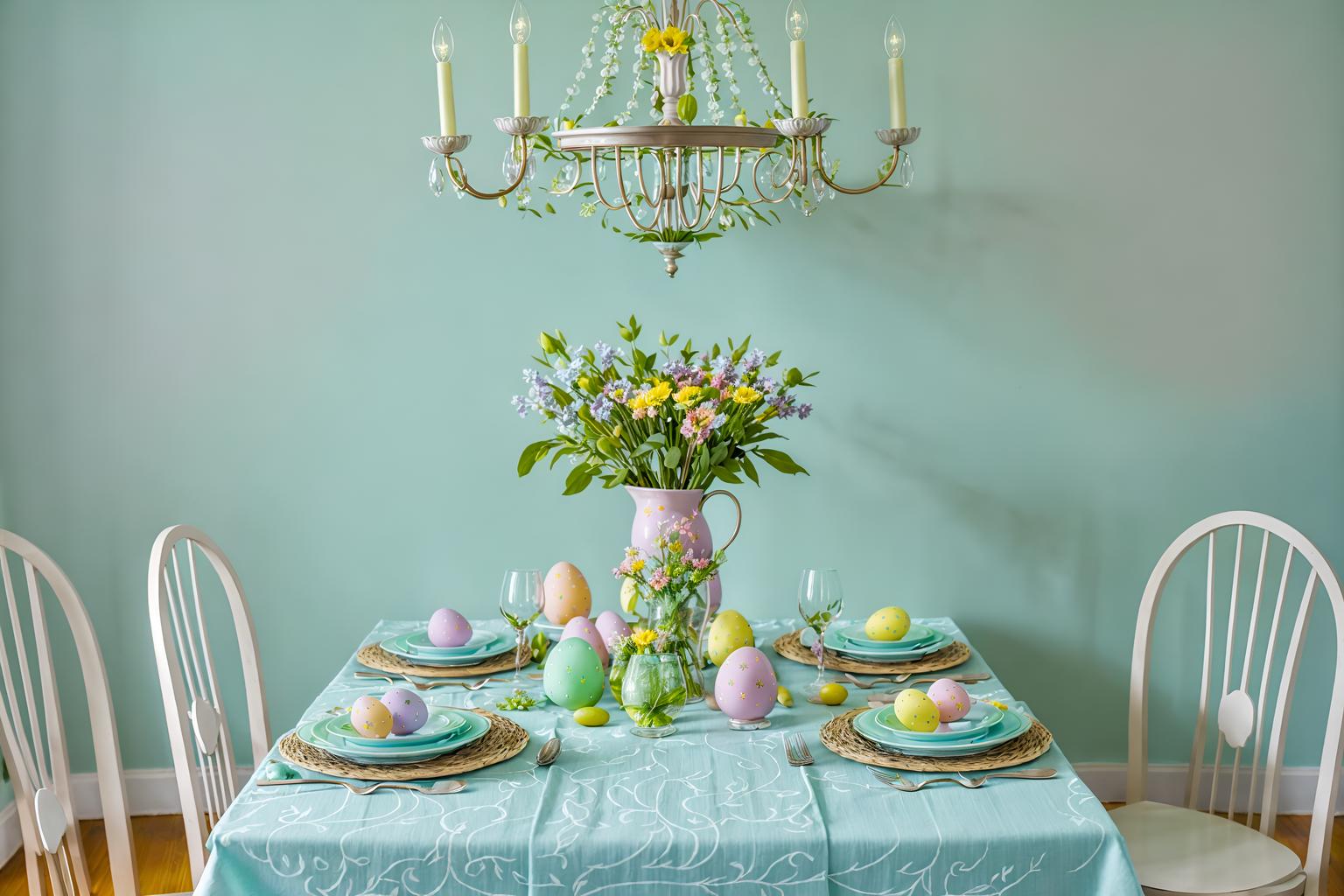 easter-style (dining room interior) with table cloth and painting or photo on wall and dining table and dining table chairs and light or chandelier and vase and plant and plates, cutlery and glasses on dining table. . with flowers on table and colorful easter eggs and light blue colors and spring decorations and easter decorations and flowers on table. . cinematic photo, highly detailed, cinematic lighting, ultra-detailed, ultrarealistic, photorealism, 8k. easter interior design style. masterpiece, cinematic light, ultrarealistic+, photorealistic+, 8k, raw photo, realistic, sharp focus on eyes, (symmetrical eyes), (intact eyes), hyperrealistic, highest quality, best quality, , highly detailed, masterpiece, best quality, extremely detailed 8k wallpaper, masterpiece, best quality, ultra-detailed, best shadow, detailed background, detailed face, detailed eyes, high contrast, best illumination, detailed face, dulux, caustic, dynamic angle, detailed glow. dramatic lighting. highly detailed, insanely detailed hair, symmetrical, intricate details, professionally retouched, 8k high definition. strong bokeh. award winning photo.