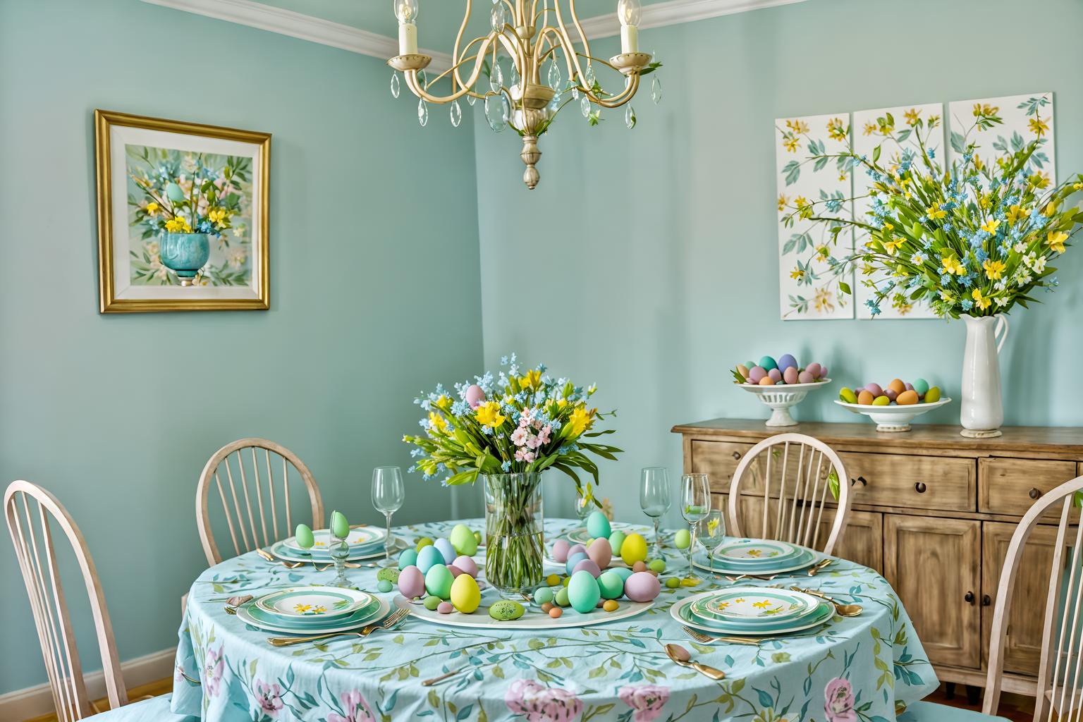 easter-style (dining room interior) with table cloth and painting or photo on wall and dining table and dining table chairs and light or chandelier and vase and plant and plates, cutlery and glasses on dining table. . with flowers on table and colorful easter eggs and light blue colors and spring decorations and easter decorations and flowers on table. . cinematic photo, highly detailed, cinematic lighting, ultra-detailed, ultrarealistic, photorealism, 8k. easter interior design style. masterpiece, cinematic light, ultrarealistic+, photorealistic+, 8k, raw photo, realistic, sharp focus on eyes, (symmetrical eyes), (intact eyes), hyperrealistic, highest quality, best quality, , highly detailed, masterpiece, best quality, extremely detailed 8k wallpaper, masterpiece, best quality, ultra-detailed, best shadow, detailed background, detailed face, detailed eyes, high contrast, best illumination, detailed face, dulux, caustic, dynamic angle, detailed glow. dramatic lighting. highly detailed, insanely detailed hair, symmetrical, intricate details, professionally retouched, 8k high definition. strong bokeh. award winning photo.