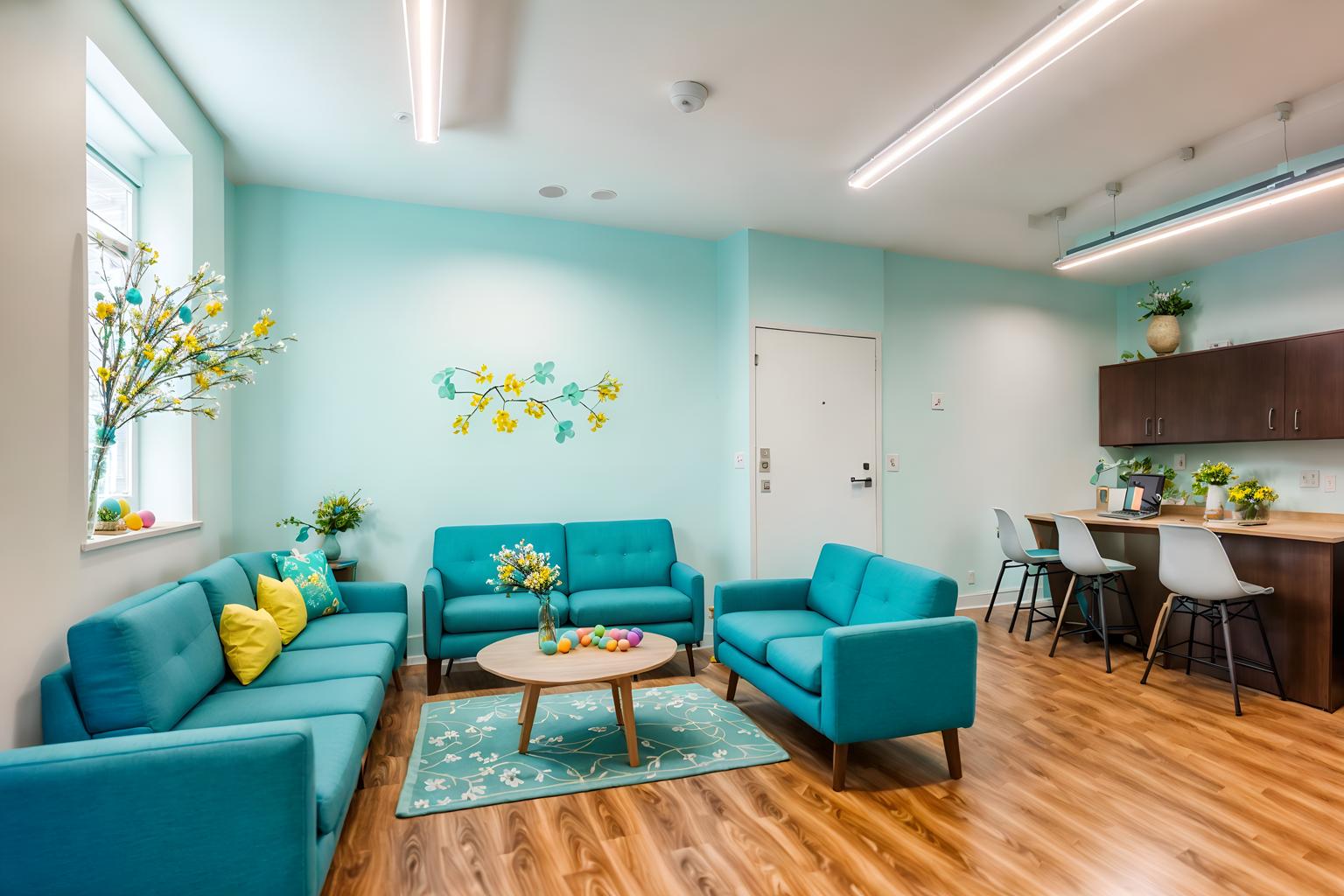 easter-style (coworking space interior) with seating area with sofa and office desks and lounge chairs and office chairs and seating area with sofa. . with light blue colors and flowers on table and spring decorations and easter decorations and colorful easter eggs and light blue colors. . cinematic photo, highly detailed, cinematic lighting, ultra-detailed, ultrarealistic, photorealism, 8k. easter interior design style. masterpiece, cinematic light, ultrarealistic+, photorealistic+, 8k, raw photo, realistic, sharp focus on eyes, (symmetrical eyes), (intact eyes), hyperrealistic, highest quality, best quality, , highly detailed, masterpiece, best quality, extremely detailed 8k wallpaper, masterpiece, best quality, ultra-detailed, best shadow, detailed background, detailed face, detailed eyes, high contrast, best illumination, detailed face, dulux, caustic, dynamic angle, detailed glow. dramatic lighting. highly detailed, insanely detailed hair, symmetrical, intricate details, professionally retouched, 8k high definition. strong bokeh. award winning photo.