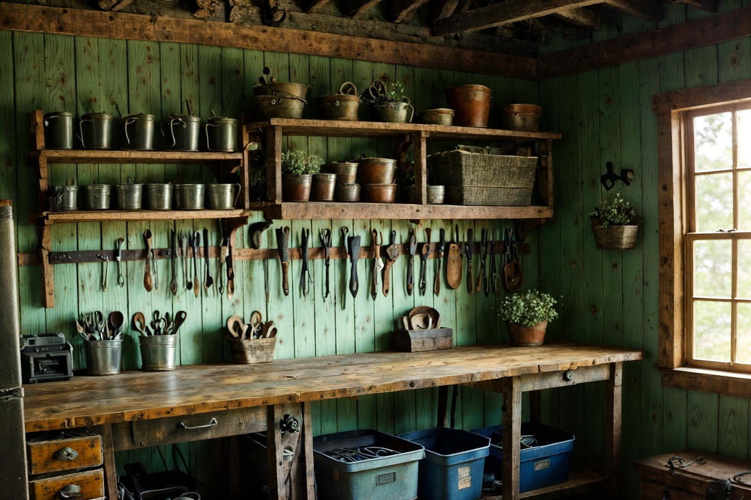 cottagecore-style (workshop interior) with tool wall and messy and wooden workbench and tool wall. . with floral patterns and rustic and organic and traditional and cottage style and earthy and natural and country style. . cinematic photo, highly detailed, cinematic lighting, ultra-detailed, ultrarealistic, photorealism, 8k. cottagecore interior design style. masterpiece, cinematic light, ultrarealistic+, photorealistic+, 8k, raw photo, realistic, sharp focus on eyes, (symmetrical eyes), (intact eyes), hyperrealistic, highest quality, best quality, , highly detailed, masterpiece, best quality, extremely detailed 8k wallpaper, masterpiece, best quality, ultra-detailed, best shadow, detailed background, detailed face, detailed eyes, high contrast, best illumination, detailed face, dulux, caustic, dynamic angle, detailed glow. dramatic lighting. highly detailed, insanely detailed hair, symmetrical, intricate details, professionally retouched, 8k high definition. strong bokeh. award winning photo.