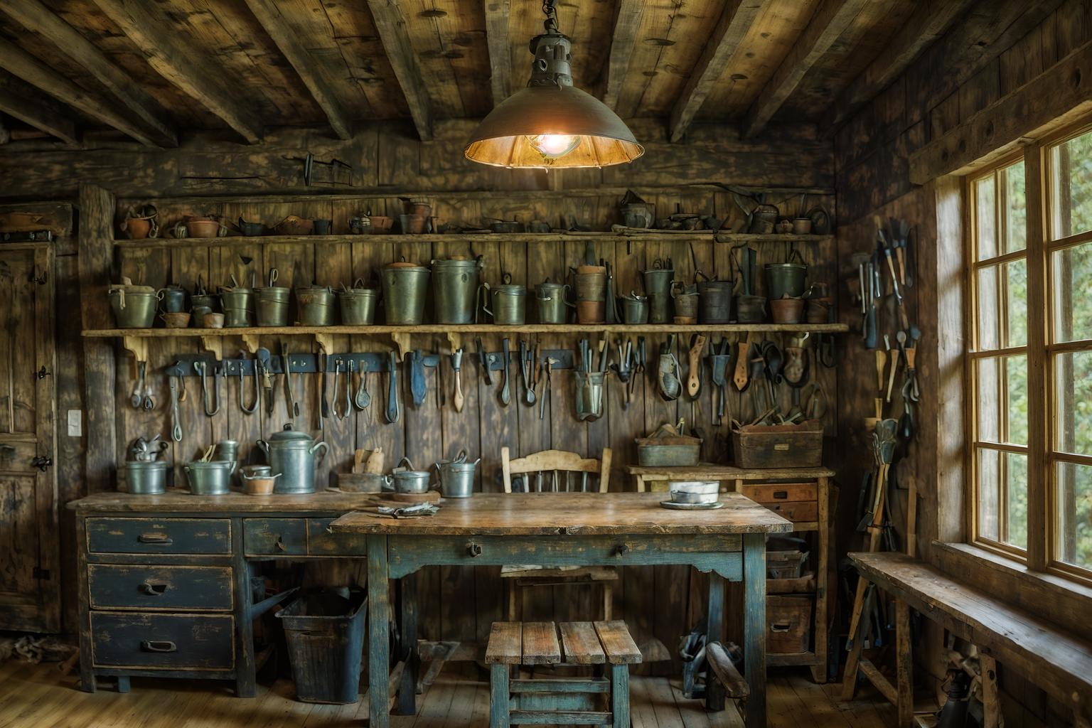 cottagecore-style (workshop interior) with tool wall and messy and wooden workbench and tool wall. . with floral patterns and rustic and organic and traditional and cottage style and earthy and natural and country style. . cinematic photo, highly detailed, cinematic lighting, ultra-detailed, ultrarealistic, photorealism, 8k. cottagecore interior design style. masterpiece, cinematic light, ultrarealistic+, photorealistic+, 8k, raw photo, realistic, sharp focus on eyes, (symmetrical eyes), (intact eyes), hyperrealistic, highest quality, best quality, , highly detailed, masterpiece, best quality, extremely detailed 8k wallpaper, masterpiece, best quality, ultra-detailed, best shadow, detailed background, detailed face, detailed eyes, high contrast, best illumination, detailed face, dulux, caustic, dynamic angle, detailed glow. dramatic lighting. highly detailed, insanely detailed hair, symmetrical, intricate details, professionally retouched, 8k high definition. strong bokeh. award winning photo.