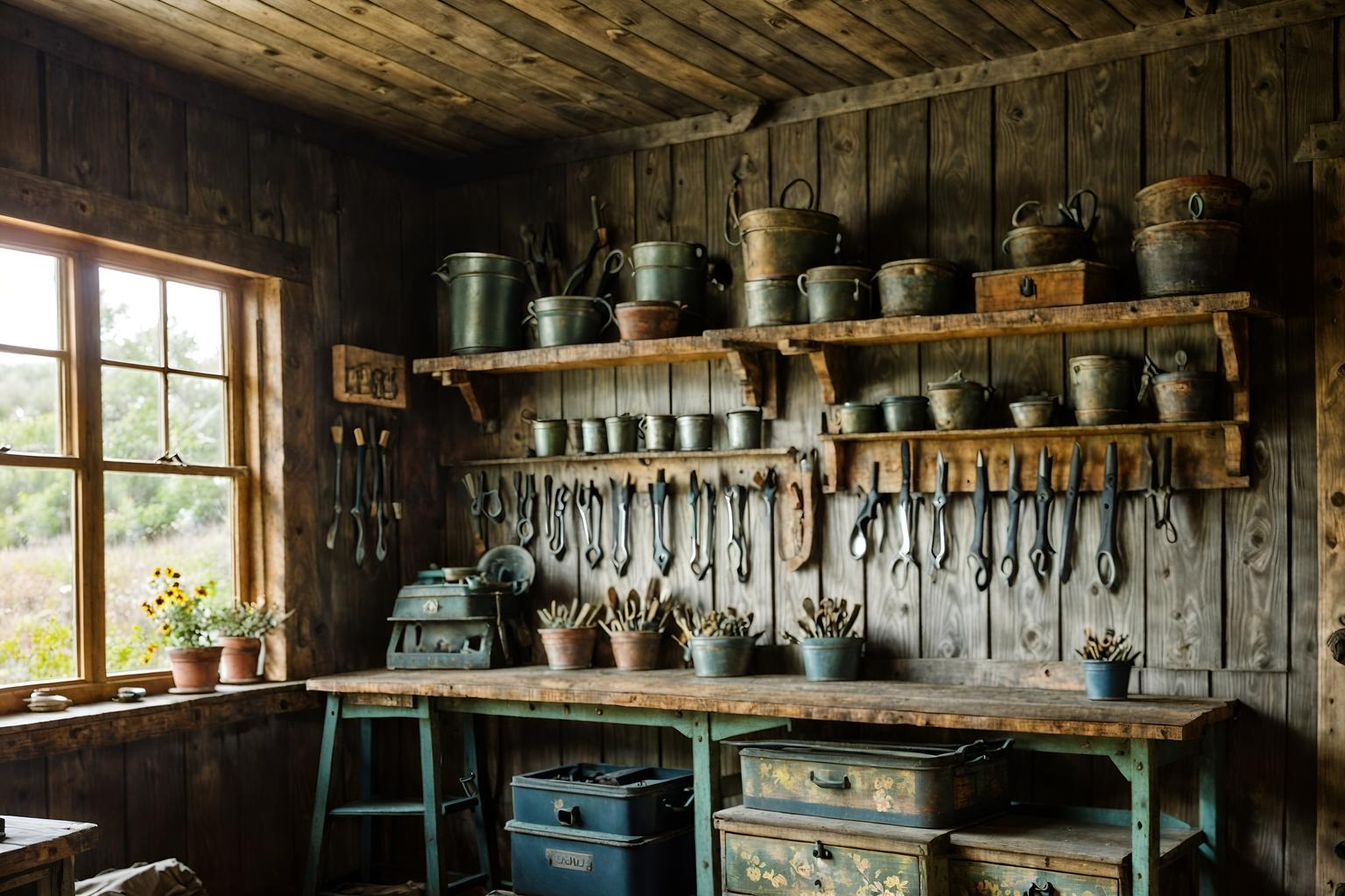 cottagecore-style (workshop interior) with tool wall and messy and wooden workbench and tool wall. . with floral patterns and rustic and organic and traditional and cottage style and earthy and natural and country style. . cinematic photo, highly detailed, cinematic lighting, ultra-detailed, ultrarealistic, photorealism, 8k. cottagecore interior design style. masterpiece, cinematic light, ultrarealistic+, photorealistic+, 8k, raw photo, realistic, sharp focus on eyes, (symmetrical eyes), (intact eyes), hyperrealistic, highest quality, best quality, , highly detailed, masterpiece, best quality, extremely detailed 8k wallpaper, masterpiece, best quality, ultra-detailed, best shadow, detailed background, detailed face, detailed eyes, high contrast, best illumination, detailed face, dulux, caustic, dynamic angle, detailed glow. dramatic lighting. highly detailed, insanely detailed hair, symmetrical, intricate details, professionally retouched, 8k high definition. strong bokeh. award winning photo.