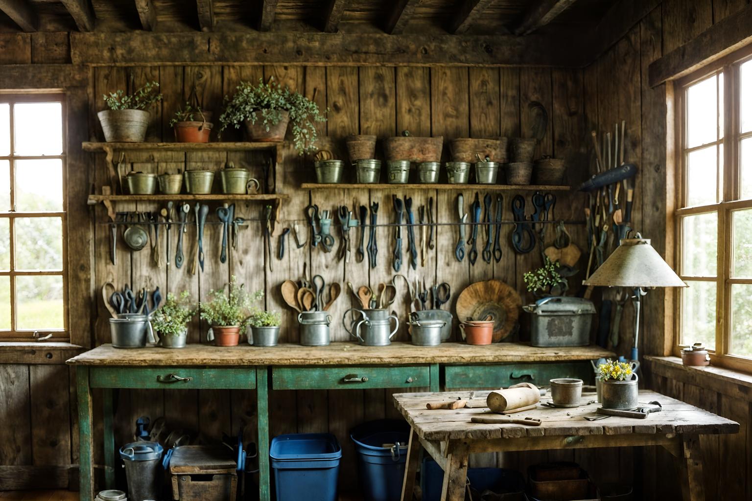 cottagecore-style (workshop interior) with tool wall and messy and wooden workbench and tool wall. . with floral patterns and rustic and organic and traditional and cottage style and earthy and natural and country style. . cinematic photo, highly detailed, cinematic lighting, ultra-detailed, ultrarealistic, photorealism, 8k. cottagecore interior design style. masterpiece, cinematic light, ultrarealistic+, photorealistic+, 8k, raw photo, realistic, sharp focus on eyes, (symmetrical eyes), (intact eyes), hyperrealistic, highest quality, best quality, , highly detailed, masterpiece, best quality, extremely detailed 8k wallpaper, masterpiece, best quality, ultra-detailed, best shadow, detailed background, detailed face, detailed eyes, high contrast, best illumination, detailed face, dulux, caustic, dynamic angle, detailed glow. dramatic lighting. highly detailed, insanely detailed hair, symmetrical, intricate details, professionally retouched, 8k high definition. strong bokeh. award winning photo.