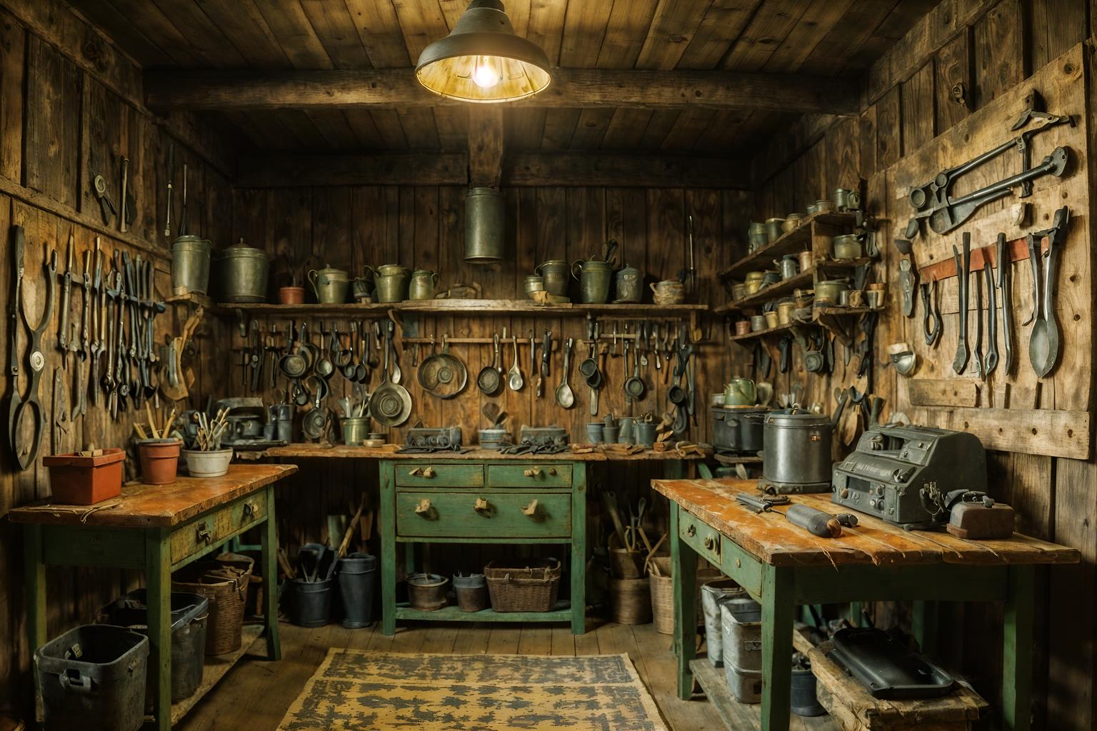 cottagecore-style (workshop interior) with tool wall and messy and wooden workbench and tool wall. . with floral patterns and rustic and organic and traditional and cottage style and earthy and natural and country style. . cinematic photo, highly detailed, cinematic lighting, ultra-detailed, ultrarealistic, photorealism, 8k. cottagecore interior design style. masterpiece, cinematic light, ultrarealistic+, photorealistic+, 8k, raw photo, realistic, sharp focus on eyes, (symmetrical eyes), (intact eyes), hyperrealistic, highest quality, best quality, , highly detailed, masterpiece, best quality, extremely detailed 8k wallpaper, masterpiece, best quality, ultra-detailed, best shadow, detailed background, detailed face, detailed eyes, high contrast, best illumination, detailed face, dulux, caustic, dynamic angle, detailed glow. dramatic lighting. highly detailed, insanely detailed hair, symmetrical, intricate details, professionally retouched, 8k high definition. strong bokeh. award winning photo.