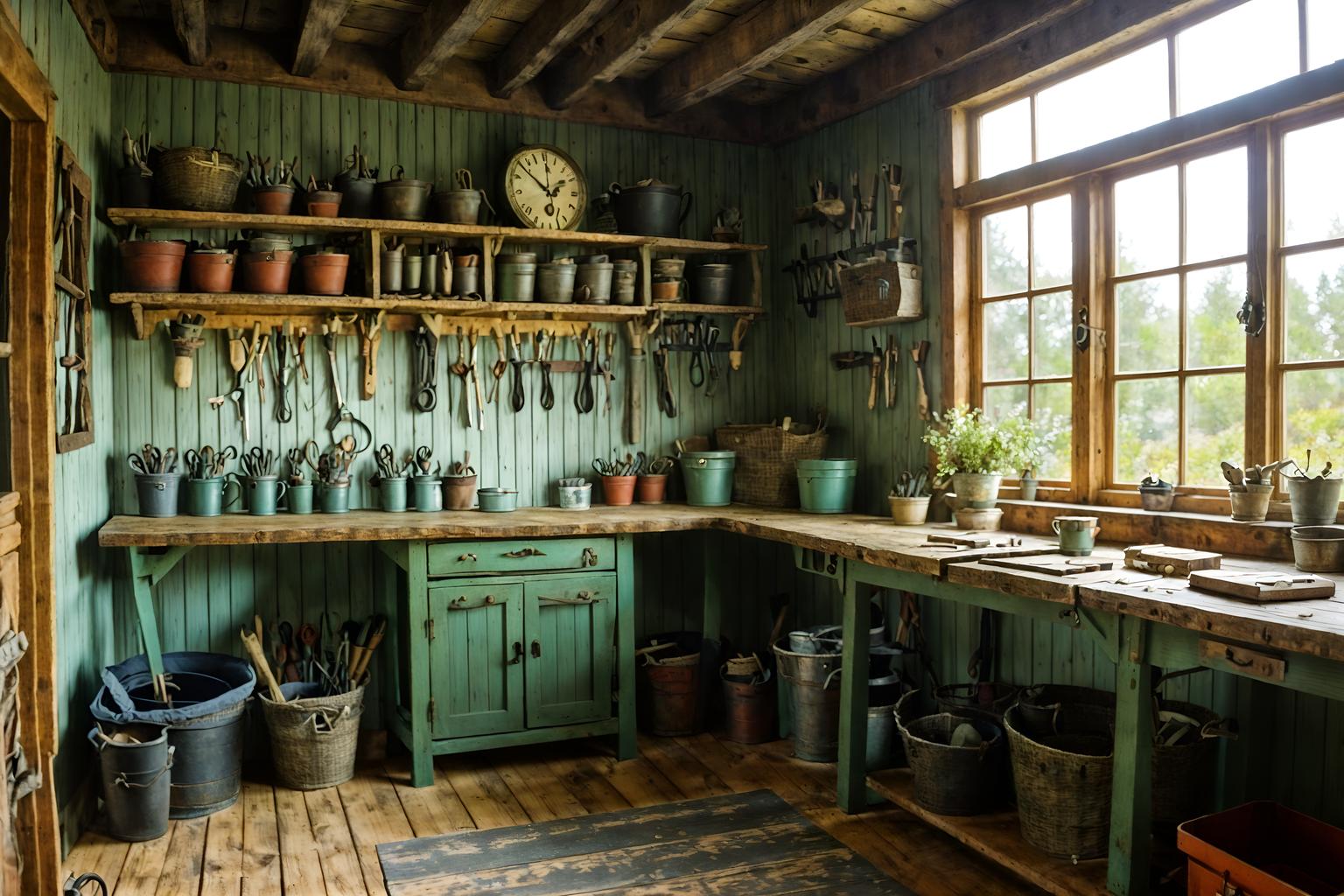 cottagecore-style (workshop interior) with tool wall and messy and wooden workbench and tool wall. . with floral patterns and rustic and organic and traditional and cottage style and earthy and natural and country style. . cinematic photo, highly detailed, cinematic lighting, ultra-detailed, ultrarealistic, photorealism, 8k. cottagecore interior design style. masterpiece, cinematic light, ultrarealistic+, photorealistic+, 8k, raw photo, realistic, sharp focus on eyes, (symmetrical eyes), (intact eyes), hyperrealistic, highest quality, best quality, , highly detailed, masterpiece, best quality, extremely detailed 8k wallpaper, masterpiece, best quality, ultra-detailed, best shadow, detailed background, detailed face, detailed eyes, high contrast, best illumination, detailed face, dulux, caustic, dynamic angle, detailed glow. dramatic lighting. highly detailed, insanely detailed hair, symmetrical, intricate details, professionally retouched, 8k high definition. strong bokeh. award winning photo.