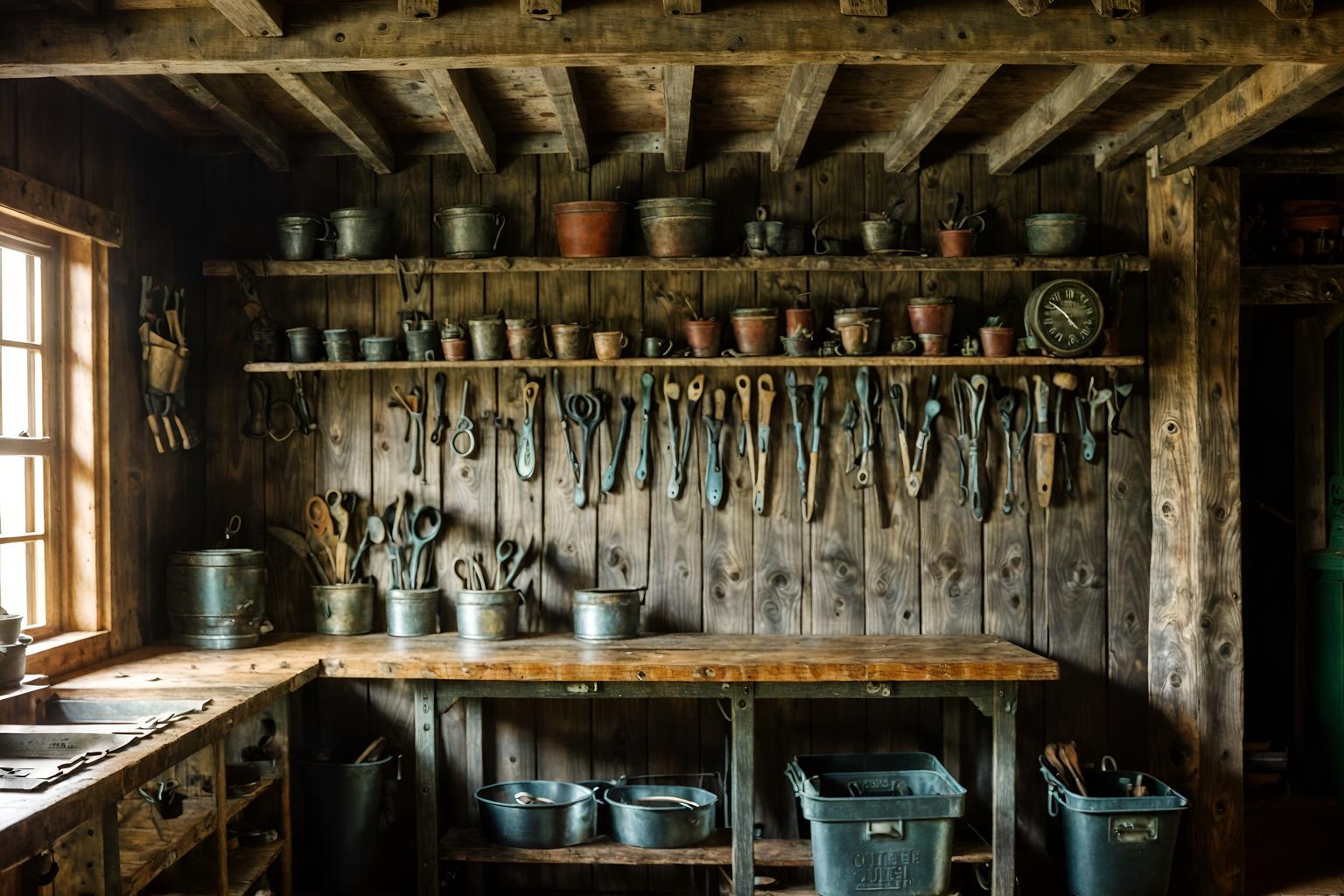 cottagecore-style (workshop interior) with tool wall and messy and wooden workbench and tool wall. . with floral patterns and rustic and organic and traditional and cottage style and earthy and natural and country style. . cinematic photo, highly detailed, cinematic lighting, ultra-detailed, ultrarealistic, photorealism, 8k. cottagecore interior design style. masterpiece, cinematic light, ultrarealistic+, photorealistic+, 8k, raw photo, realistic, sharp focus on eyes, (symmetrical eyes), (intact eyes), hyperrealistic, highest quality, best quality, , highly detailed, masterpiece, best quality, extremely detailed 8k wallpaper, masterpiece, best quality, ultra-detailed, best shadow, detailed background, detailed face, detailed eyes, high contrast, best illumination, detailed face, dulux, caustic, dynamic angle, detailed glow. dramatic lighting. highly detailed, insanely detailed hair, symmetrical, intricate details, professionally retouched, 8k high definition. strong bokeh. award winning photo.