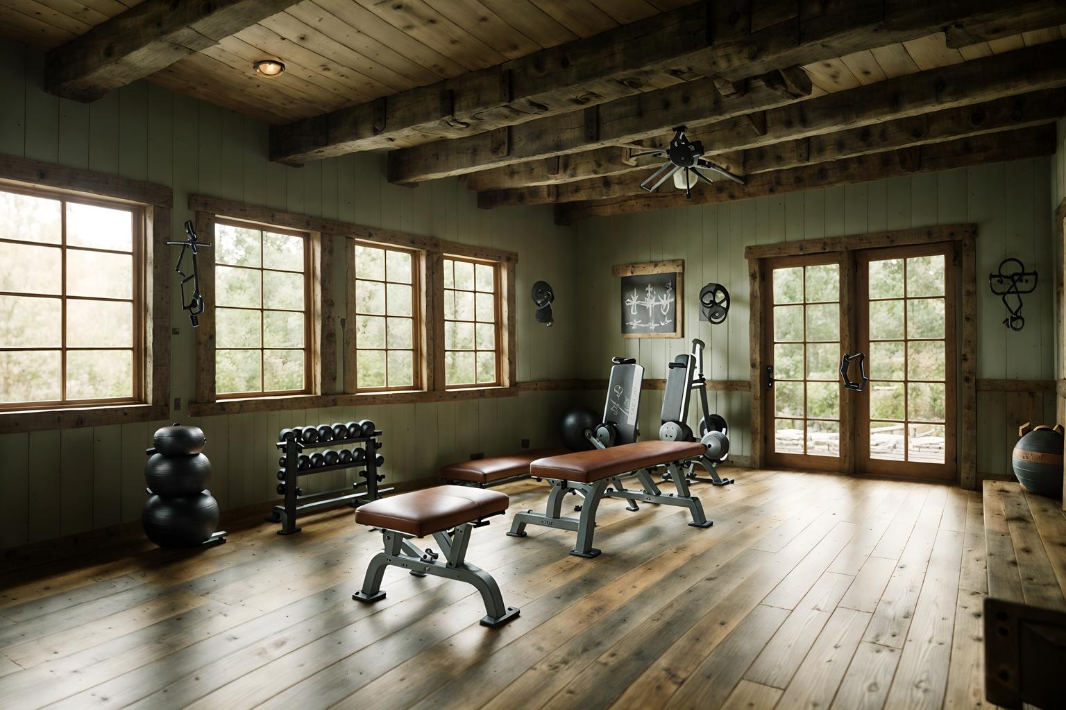 cottagecore-style (fitness gym interior) with bench press and squat rack and dumbbell stand and crosstrainer and exercise bicycle and bench press. . with rustic and organic and cottage style and traditional and country style and earthy and muted colors and floral patterns. . cinematic photo, highly detailed, cinematic lighting, ultra-detailed, ultrarealistic, photorealism, 8k. cottagecore interior design style. masterpiece, cinematic light, ultrarealistic+, photorealistic+, 8k, raw photo, realistic, sharp focus on eyes, (symmetrical eyes), (intact eyes), hyperrealistic, highest quality, best quality, , highly detailed, masterpiece, best quality, extremely detailed 8k wallpaper, masterpiece, best quality, ultra-detailed, best shadow, detailed background, detailed face, detailed eyes, high contrast, best illumination, detailed face, dulux, caustic, dynamic angle, detailed glow. dramatic lighting. highly detailed, insanely detailed hair, symmetrical, intricate details, professionally retouched, 8k high definition. strong bokeh. award winning photo.