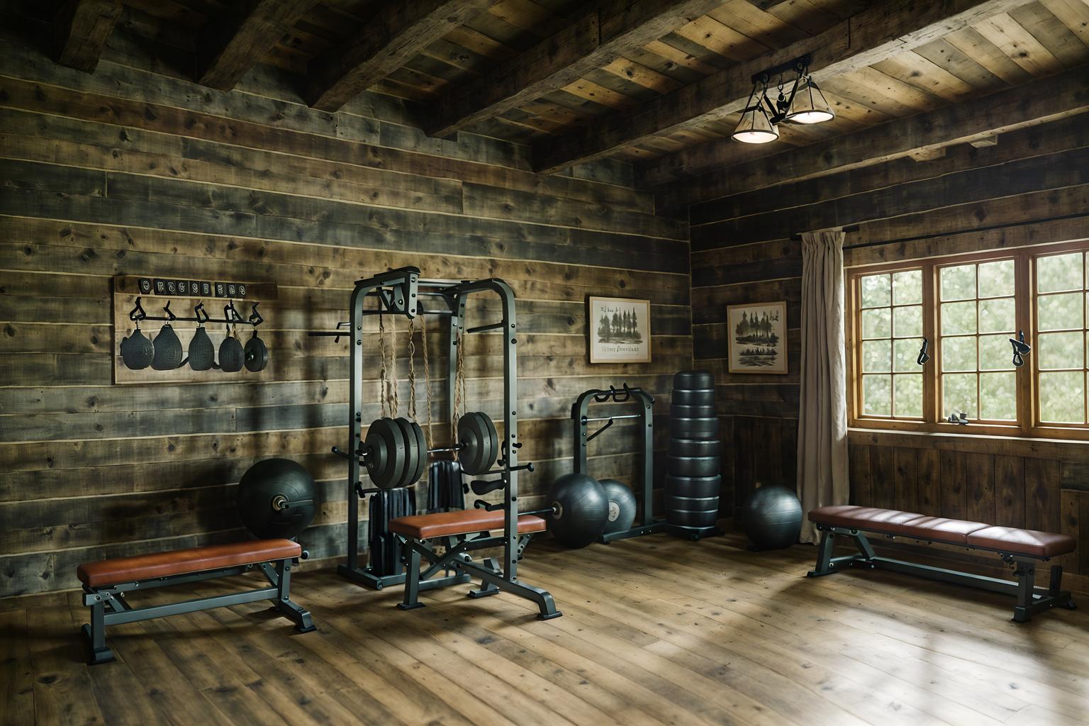 cottagecore-style (fitness gym interior) with bench press and squat rack and dumbbell stand and crosstrainer and exercise bicycle and bench press. . with rustic and organic and cottage style and traditional and country style and earthy and muted colors and floral patterns. . cinematic photo, highly detailed, cinematic lighting, ultra-detailed, ultrarealistic, photorealism, 8k. cottagecore interior design style. masterpiece, cinematic light, ultrarealistic+, photorealistic+, 8k, raw photo, realistic, sharp focus on eyes, (symmetrical eyes), (intact eyes), hyperrealistic, highest quality, best quality, , highly detailed, masterpiece, best quality, extremely detailed 8k wallpaper, masterpiece, best quality, ultra-detailed, best shadow, detailed background, detailed face, detailed eyes, high contrast, best illumination, detailed face, dulux, caustic, dynamic angle, detailed glow. dramatic lighting. highly detailed, insanely detailed hair, symmetrical, intricate details, professionally retouched, 8k high definition. strong bokeh. award winning photo.