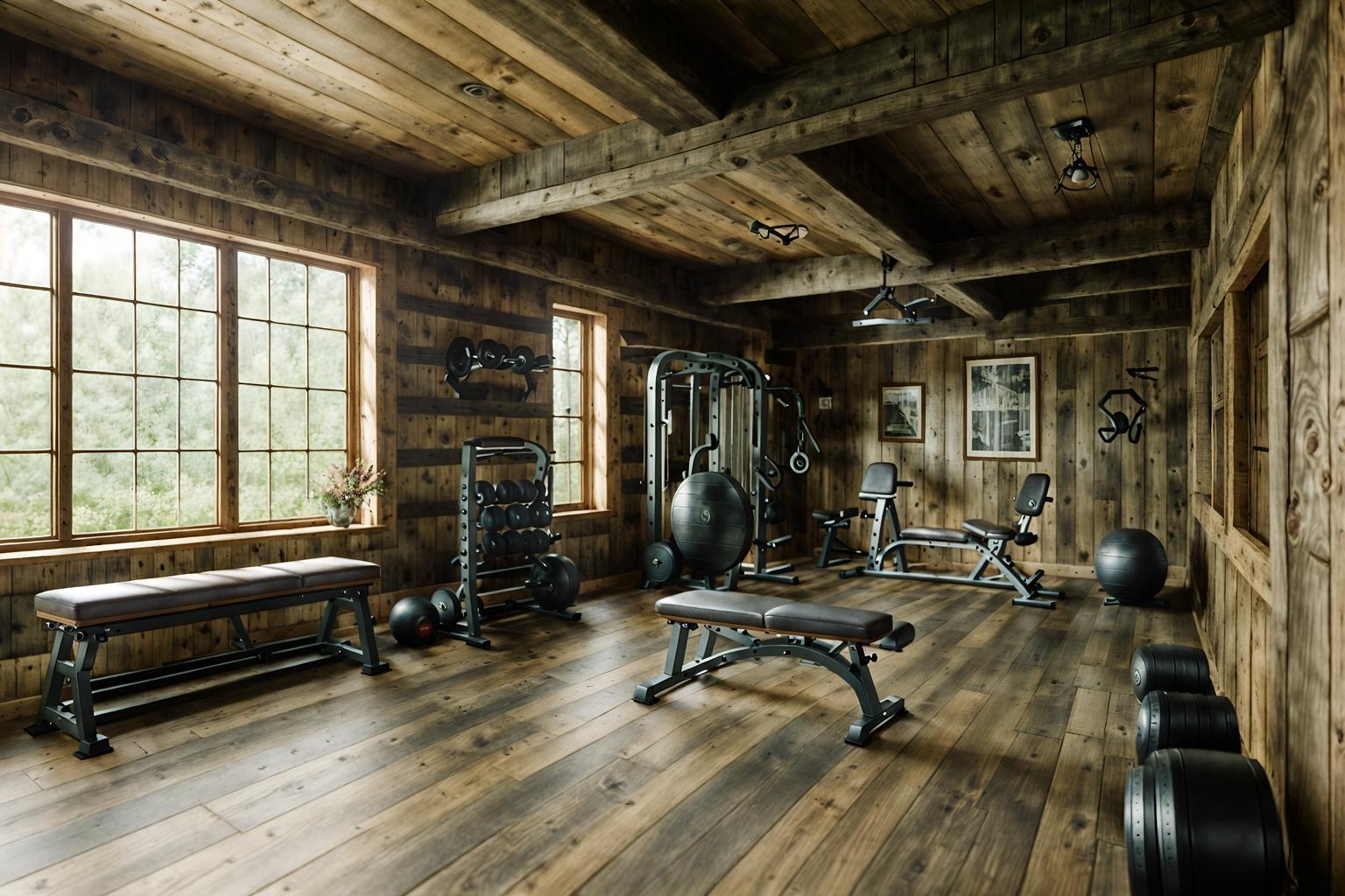 cottagecore-style (fitness gym interior) with bench press and squat rack and dumbbell stand and crosstrainer and exercise bicycle and bench press. . with rustic and organic and cottage style and traditional and country style and earthy and muted colors and floral patterns. . cinematic photo, highly detailed, cinematic lighting, ultra-detailed, ultrarealistic, photorealism, 8k. cottagecore interior design style. masterpiece, cinematic light, ultrarealistic+, photorealistic+, 8k, raw photo, realistic, sharp focus on eyes, (symmetrical eyes), (intact eyes), hyperrealistic, highest quality, best quality, , highly detailed, masterpiece, best quality, extremely detailed 8k wallpaper, masterpiece, best quality, ultra-detailed, best shadow, detailed background, detailed face, detailed eyes, high contrast, best illumination, detailed face, dulux, caustic, dynamic angle, detailed glow. dramatic lighting. highly detailed, insanely detailed hair, symmetrical, intricate details, professionally retouched, 8k high definition. strong bokeh. award winning photo.