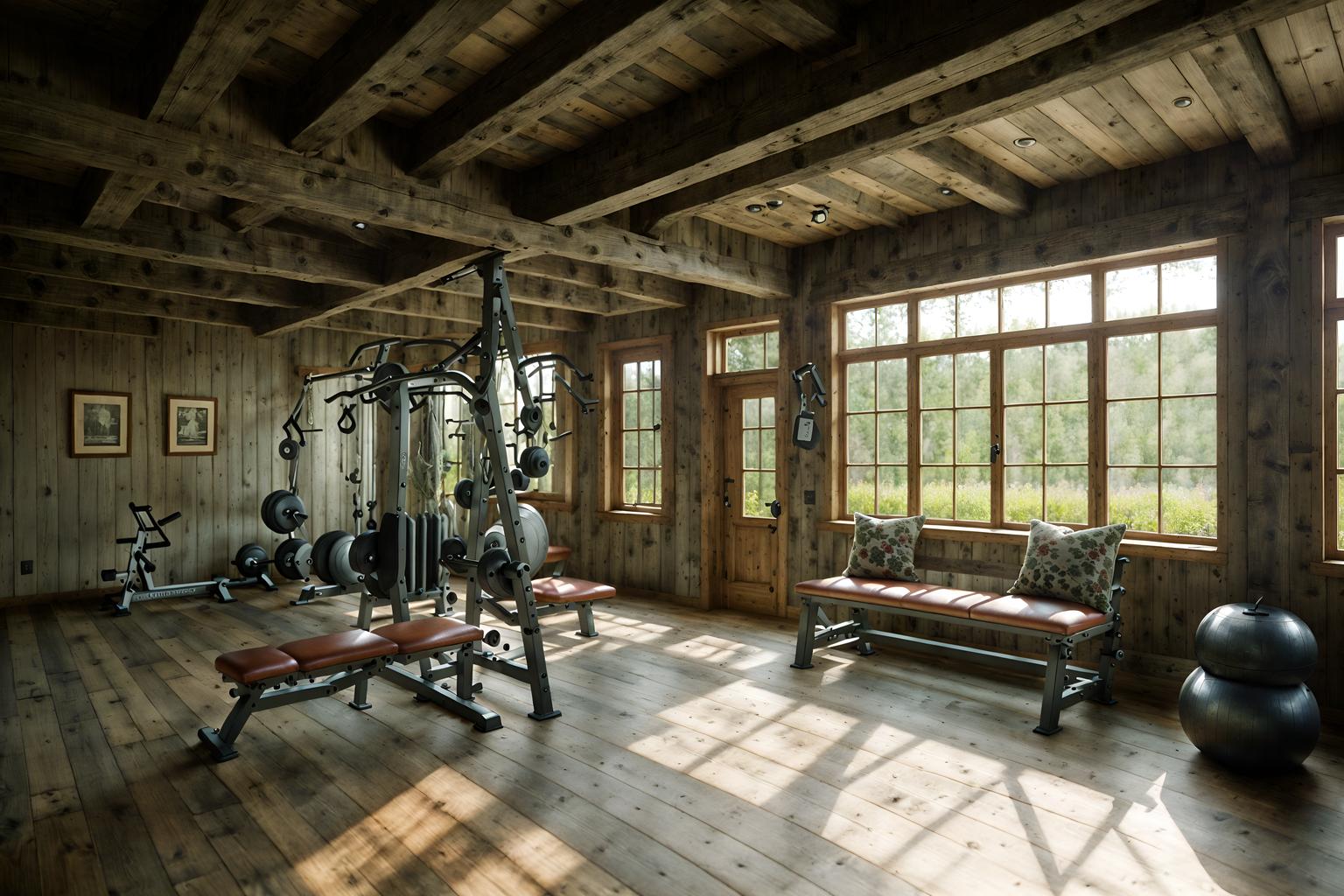 cottagecore-style (fitness gym interior) with bench press and squat rack and dumbbell stand and crosstrainer and exercise bicycle and bench press. . with rustic and organic and cottage style and traditional and country style and earthy and muted colors and floral patterns. . cinematic photo, highly detailed, cinematic lighting, ultra-detailed, ultrarealistic, photorealism, 8k. cottagecore interior design style. masterpiece, cinematic light, ultrarealistic+, photorealistic+, 8k, raw photo, realistic, sharp focus on eyes, (symmetrical eyes), (intact eyes), hyperrealistic, highest quality, best quality, , highly detailed, masterpiece, best quality, extremely detailed 8k wallpaper, masterpiece, best quality, ultra-detailed, best shadow, detailed background, detailed face, detailed eyes, high contrast, best illumination, detailed face, dulux, caustic, dynamic angle, detailed glow. dramatic lighting. highly detailed, insanely detailed hair, symmetrical, intricate details, professionally retouched, 8k high definition. strong bokeh. award winning photo.