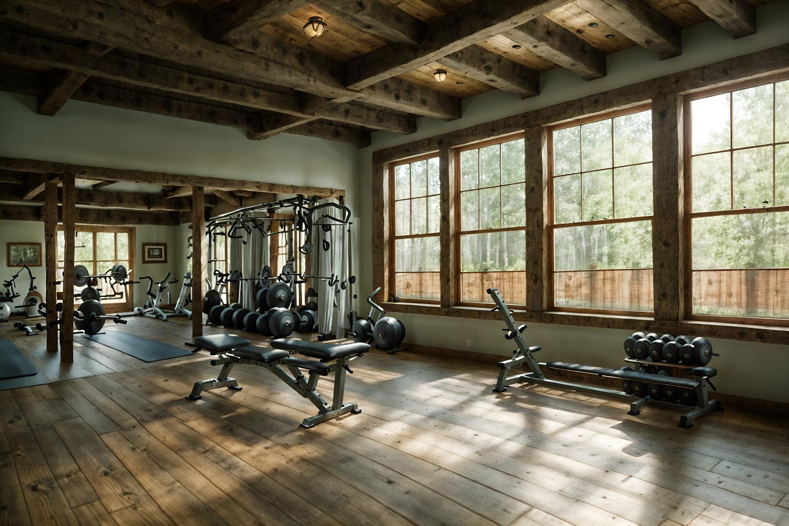 cottagecore-style (fitness gym interior) with bench press and squat rack and dumbbell stand and crosstrainer and exercise bicycle and bench press. . with rustic and organic and cottage style and traditional and country style and earthy and muted colors and floral patterns. . cinematic photo, highly detailed, cinematic lighting, ultra-detailed, ultrarealistic, photorealism, 8k. cottagecore interior design style. masterpiece, cinematic light, ultrarealistic+, photorealistic+, 8k, raw photo, realistic, sharp focus on eyes, (symmetrical eyes), (intact eyes), hyperrealistic, highest quality, best quality, , highly detailed, masterpiece, best quality, extremely detailed 8k wallpaper, masterpiece, best quality, ultra-detailed, best shadow, detailed background, detailed face, detailed eyes, high contrast, best illumination, detailed face, dulux, caustic, dynamic angle, detailed glow. dramatic lighting. highly detailed, insanely detailed hair, symmetrical, intricate details, professionally retouched, 8k high definition. strong bokeh. award winning photo.