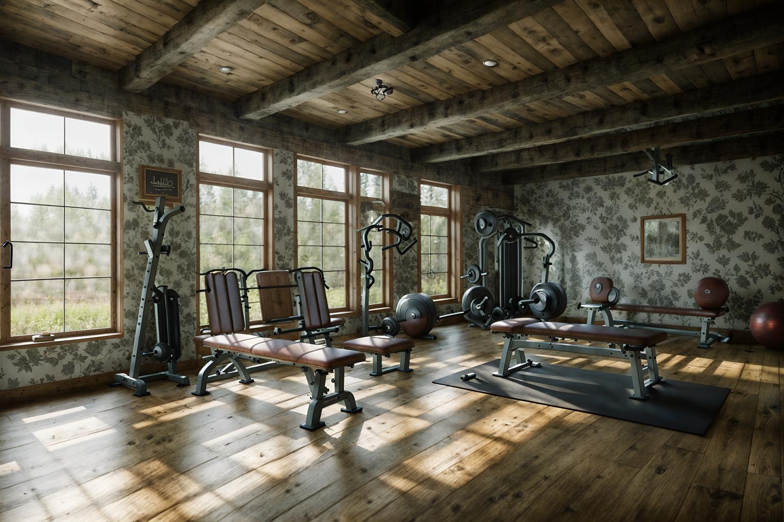 cottagecore-style (fitness gym interior) with bench press and squat rack and dumbbell stand and crosstrainer and exercise bicycle and bench press. . with rustic and organic and cottage style and traditional and country style and earthy and muted colors and floral patterns. . cinematic photo, highly detailed, cinematic lighting, ultra-detailed, ultrarealistic, photorealism, 8k. cottagecore interior design style. masterpiece, cinematic light, ultrarealistic+, photorealistic+, 8k, raw photo, realistic, sharp focus on eyes, (symmetrical eyes), (intact eyes), hyperrealistic, highest quality, best quality, , highly detailed, masterpiece, best quality, extremely detailed 8k wallpaper, masterpiece, best quality, ultra-detailed, best shadow, detailed background, detailed face, detailed eyes, high contrast, best illumination, detailed face, dulux, caustic, dynamic angle, detailed glow. dramatic lighting. highly detailed, insanely detailed hair, symmetrical, intricate details, professionally retouched, 8k high definition. strong bokeh. award winning photo.