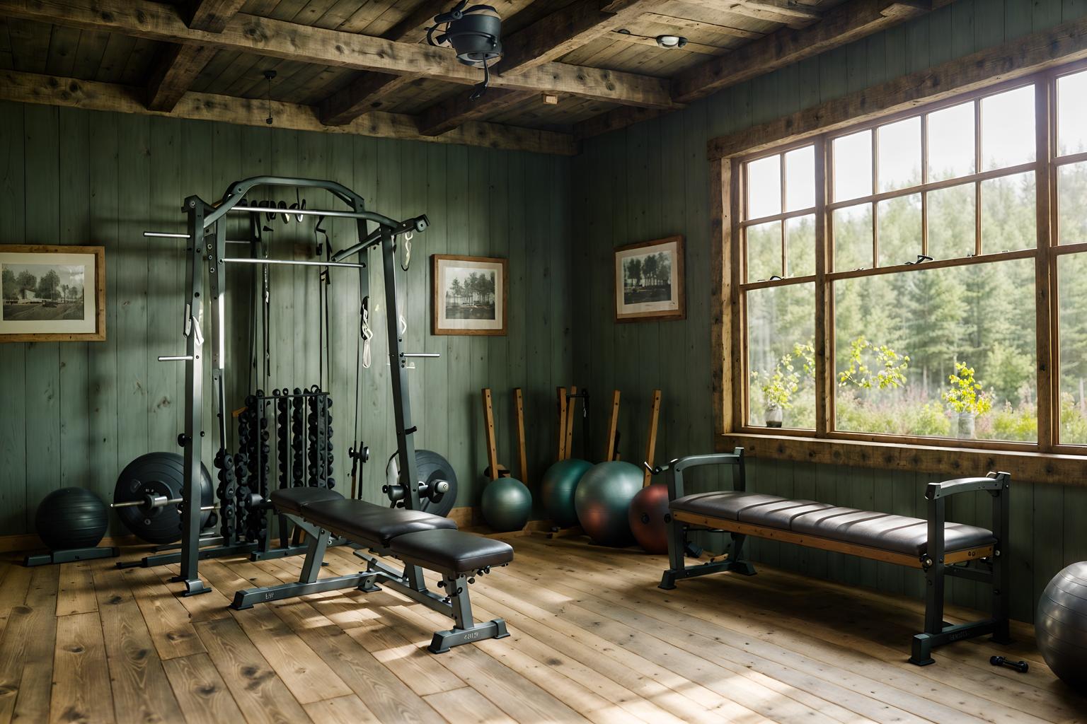 cottagecore-style (fitness gym interior) with bench press and squat rack and dumbbell stand and crosstrainer and exercise bicycle and bench press. . with rustic and organic and cottage style and traditional and country style and earthy and muted colors and floral patterns. . cinematic photo, highly detailed, cinematic lighting, ultra-detailed, ultrarealistic, photorealism, 8k. cottagecore interior design style. masterpiece, cinematic light, ultrarealistic+, photorealistic+, 8k, raw photo, realistic, sharp focus on eyes, (symmetrical eyes), (intact eyes), hyperrealistic, highest quality, best quality, , highly detailed, masterpiece, best quality, extremely detailed 8k wallpaper, masterpiece, best quality, ultra-detailed, best shadow, detailed background, detailed face, detailed eyes, high contrast, best illumination, detailed face, dulux, caustic, dynamic angle, detailed glow. dramatic lighting. highly detailed, insanely detailed hair, symmetrical, intricate details, professionally retouched, 8k high definition. strong bokeh. award winning photo.