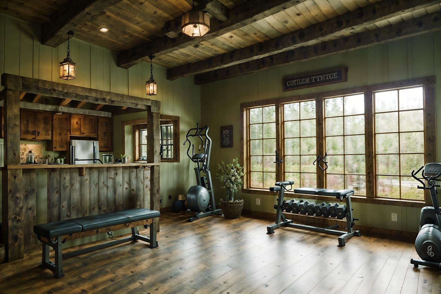 cottagecore-style (fitness gym interior) with bench press and squat rack and dumbbell stand and crosstrainer and exercise bicycle and bench press. . with rustic and organic and cottage style and traditional and country style and earthy and muted colors and floral patterns. . cinematic photo, highly detailed, cinematic lighting, ultra-detailed, ultrarealistic, photorealism, 8k. cottagecore interior design style. masterpiece, cinematic light, ultrarealistic+, photorealistic+, 8k, raw photo, realistic, sharp focus on eyes, (symmetrical eyes), (intact eyes), hyperrealistic, highest quality, best quality, , highly detailed, masterpiece, best quality, extremely detailed 8k wallpaper, masterpiece, best quality, ultra-detailed, best shadow, detailed background, detailed face, detailed eyes, high contrast, best illumination, detailed face, dulux, caustic, dynamic angle, detailed glow. dramatic lighting. highly detailed, insanely detailed hair, symmetrical, intricate details, professionally retouched, 8k high definition. strong bokeh. award winning photo.