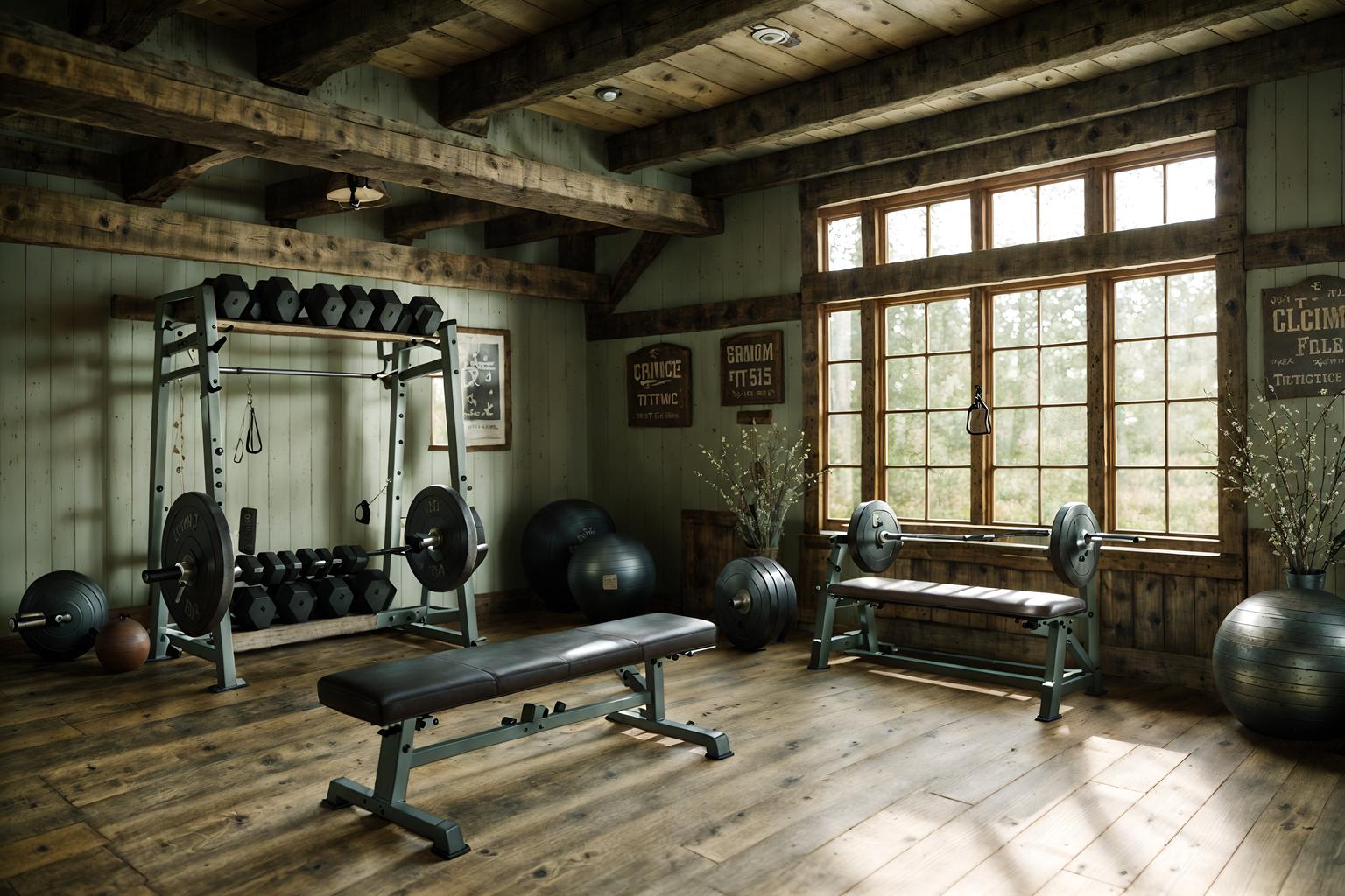 cottagecore-style (fitness gym interior) with bench press and squat rack and dumbbell stand and crosstrainer and exercise bicycle and bench press. . with rustic and organic and cottage style and traditional and country style and earthy and muted colors and floral patterns. . cinematic photo, highly detailed, cinematic lighting, ultra-detailed, ultrarealistic, photorealism, 8k. cottagecore interior design style. masterpiece, cinematic light, ultrarealistic+, photorealistic+, 8k, raw photo, realistic, sharp focus on eyes, (symmetrical eyes), (intact eyes), hyperrealistic, highest quality, best quality, , highly detailed, masterpiece, best quality, extremely detailed 8k wallpaper, masterpiece, best quality, ultra-detailed, best shadow, detailed background, detailed face, detailed eyes, high contrast, best illumination, detailed face, dulux, caustic, dynamic angle, detailed glow. dramatic lighting. highly detailed, insanely detailed hair, symmetrical, intricate details, professionally retouched, 8k high definition. strong bokeh. award winning photo.