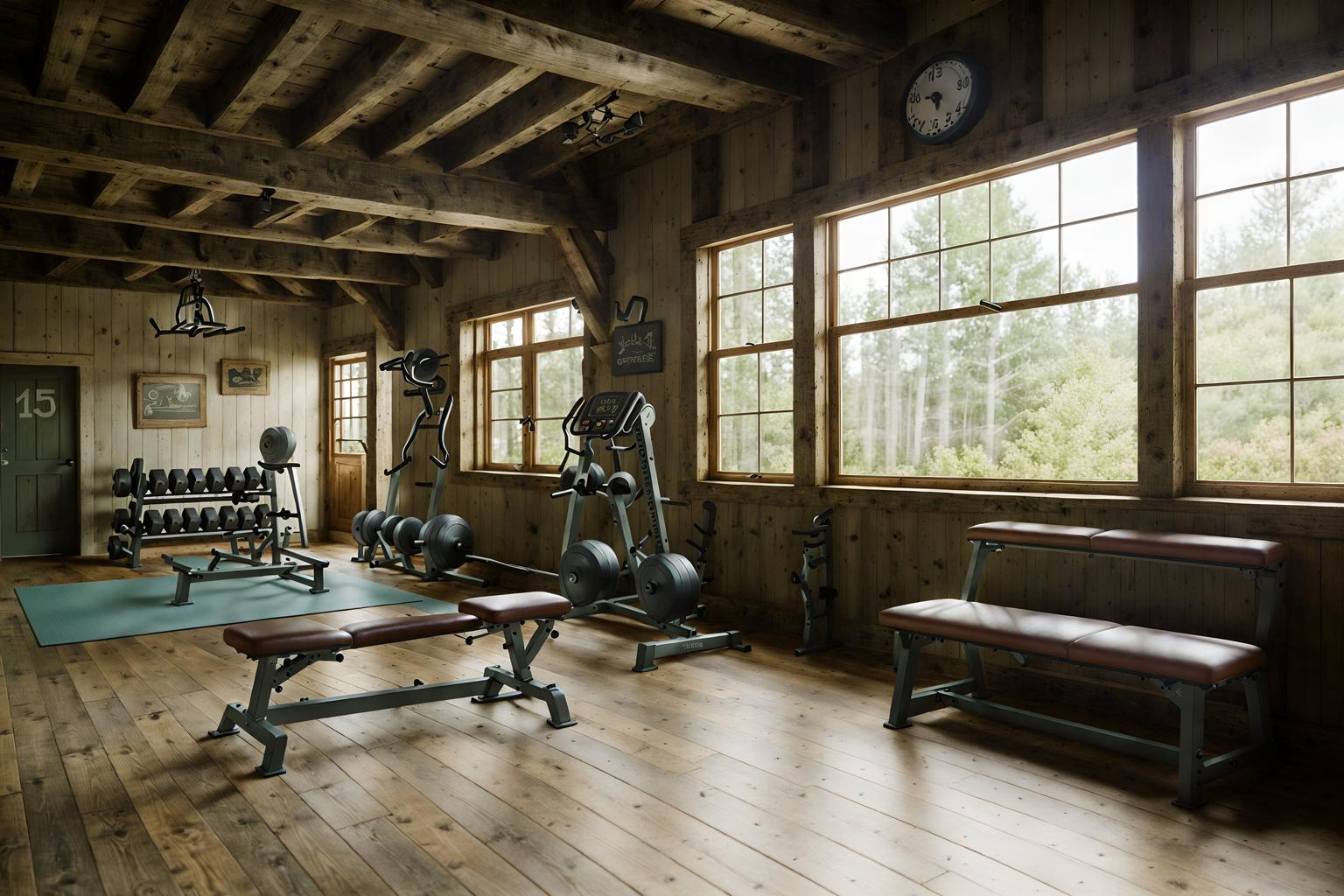 cottagecore-style (fitness gym interior) with bench press and squat rack and dumbbell stand and crosstrainer and exercise bicycle and bench press. . with rustic and organic and cottage style and traditional and country style and earthy and muted colors and floral patterns. . cinematic photo, highly detailed, cinematic lighting, ultra-detailed, ultrarealistic, photorealism, 8k. cottagecore interior design style. masterpiece, cinematic light, ultrarealistic+, photorealistic+, 8k, raw photo, realistic, sharp focus on eyes, (symmetrical eyes), (intact eyes), hyperrealistic, highest quality, best quality, , highly detailed, masterpiece, best quality, extremely detailed 8k wallpaper, masterpiece, best quality, ultra-detailed, best shadow, detailed background, detailed face, detailed eyes, high contrast, best illumination, detailed face, dulux, caustic, dynamic angle, detailed glow. dramatic lighting. highly detailed, insanely detailed hair, symmetrical, intricate details, professionally retouched, 8k high definition. strong bokeh. award winning photo.