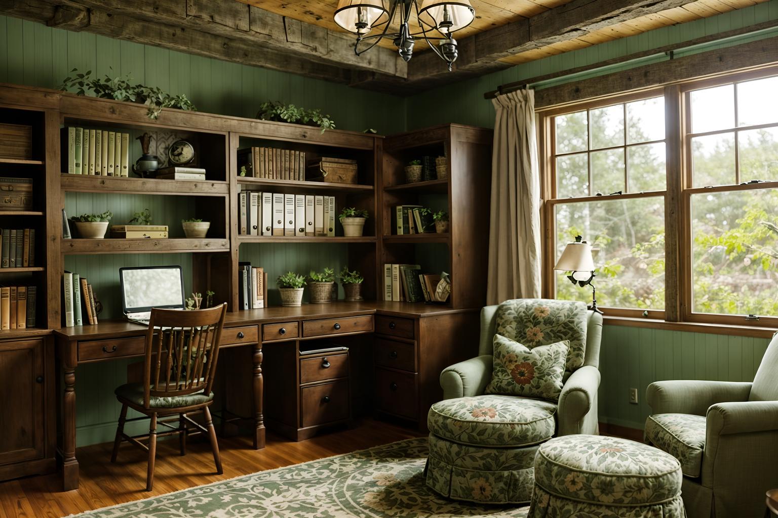 cottagecore-style (study room interior) with lounge chair and desk lamp and office chair and bookshelves and plant and cabinets and writing desk and lounge chair. . with organic and rustic and floral patterns and earthy and cottage style and country style and natural and muted colors. . cinematic photo, highly detailed, cinematic lighting, ultra-detailed, ultrarealistic, photorealism, 8k. cottagecore interior design style. masterpiece, cinematic light, ultrarealistic+, photorealistic+, 8k, raw photo, realistic, sharp focus on eyes, (symmetrical eyes), (intact eyes), hyperrealistic, highest quality, best quality, , highly detailed, masterpiece, best quality, extremely detailed 8k wallpaper, masterpiece, best quality, ultra-detailed, best shadow, detailed background, detailed face, detailed eyes, high contrast, best illumination, detailed face, dulux, caustic, dynamic angle, detailed glow. dramatic lighting. highly detailed, insanely detailed hair, symmetrical, intricate details, professionally retouched, 8k high definition. strong bokeh. award winning photo.