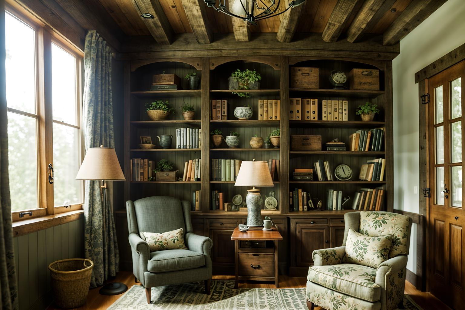 cottagecore-style (study room interior) with lounge chair and desk lamp and office chair and bookshelves and plant and cabinets and writing desk and lounge chair. . with organic and rustic and floral patterns and earthy and cottage style and country style and natural and muted colors. . cinematic photo, highly detailed, cinematic lighting, ultra-detailed, ultrarealistic, photorealism, 8k. cottagecore interior design style. masterpiece, cinematic light, ultrarealistic+, photorealistic+, 8k, raw photo, realistic, sharp focus on eyes, (symmetrical eyes), (intact eyes), hyperrealistic, highest quality, best quality, , highly detailed, masterpiece, best quality, extremely detailed 8k wallpaper, masterpiece, best quality, ultra-detailed, best shadow, detailed background, detailed face, detailed eyes, high contrast, best illumination, detailed face, dulux, caustic, dynamic angle, detailed glow. dramatic lighting. highly detailed, insanely detailed hair, symmetrical, intricate details, professionally retouched, 8k high definition. strong bokeh. award winning photo.