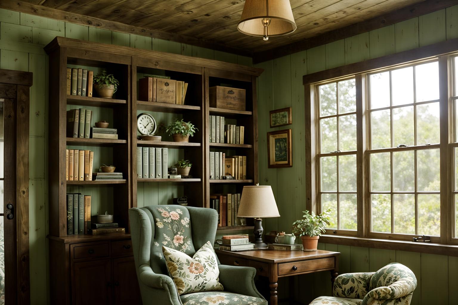 cottagecore-style (study room interior) with lounge chair and desk lamp and office chair and bookshelves and plant and cabinets and writing desk and lounge chair. . with organic and rustic and floral patterns and earthy and cottage style and country style and natural and muted colors. . cinematic photo, highly detailed, cinematic lighting, ultra-detailed, ultrarealistic, photorealism, 8k. cottagecore interior design style. masterpiece, cinematic light, ultrarealistic+, photorealistic+, 8k, raw photo, realistic, sharp focus on eyes, (symmetrical eyes), (intact eyes), hyperrealistic, highest quality, best quality, , highly detailed, masterpiece, best quality, extremely detailed 8k wallpaper, masterpiece, best quality, ultra-detailed, best shadow, detailed background, detailed face, detailed eyes, high contrast, best illumination, detailed face, dulux, caustic, dynamic angle, detailed glow. dramatic lighting. highly detailed, insanely detailed hair, symmetrical, intricate details, professionally retouched, 8k high definition. strong bokeh. award winning photo.