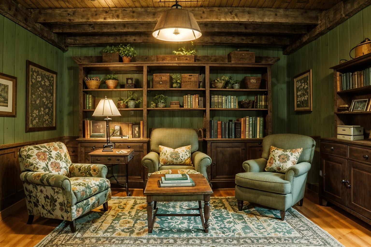 cottagecore-style (study room interior) with lounge chair and desk lamp and office chair and bookshelves and plant and cabinets and writing desk and lounge chair. . with organic and rustic and floral patterns and earthy and cottage style and country style and natural and muted colors. . cinematic photo, highly detailed, cinematic lighting, ultra-detailed, ultrarealistic, photorealism, 8k. cottagecore interior design style. masterpiece, cinematic light, ultrarealistic+, photorealistic+, 8k, raw photo, realistic, sharp focus on eyes, (symmetrical eyes), (intact eyes), hyperrealistic, highest quality, best quality, , highly detailed, masterpiece, best quality, extremely detailed 8k wallpaper, masterpiece, best quality, ultra-detailed, best shadow, detailed background, detailed face, detailed eyes, high contrast, best illumination, detailed face, dulux, caustic, dynamic angle, detailed glow. dramatic lighting. highly detailed, insanely detailed hair, symmetrical, intricate details, professionally retouched, 8k high definition. strong bokeh. award winning photo.