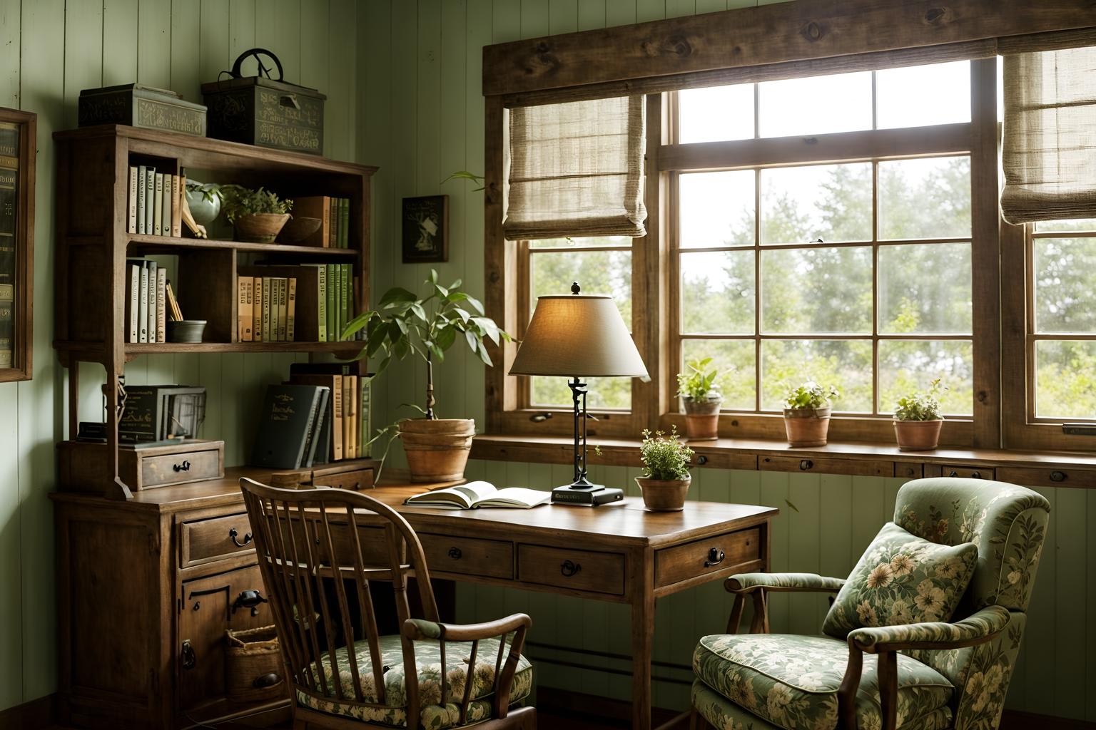 cottagecore-style (study room interior) with lounge chair and desk lamp and office chair and bookshelves and plant and cabinets and writing desk and lounge chair. . with organic and rustic and floral patterns and earthy and cottage style and country style and natural and muted colors. . cinematic photo, highly detailed, cinematic lighting, ultra-detailed, ultrarealistic, photorealism, 8k. cottagecore interior design style. masterpiece, cinematic light, ultrarealistic+, photorealistic+, 8k, raw photo, realistic, sharp focus on eyes, (symmetrical eyes), (intact eyes), hyperrealistic, highest quality, best quality, , highly detailed, masterpiece, best quality, extremely detailed 8k wallpaper, masterpiece, best quality, ultra-detailed, best shadow, detailed background, detailed face, detailed eyes, high contrast, best illumination, detailed face, dulux, caustic, dynamic angle, detailed glow. dramatic lighting. highly detailed, insanely detailed hair, symmetrical, intricate details, professionally retouched, 8k high definition. strong bokeh. award winning photo.