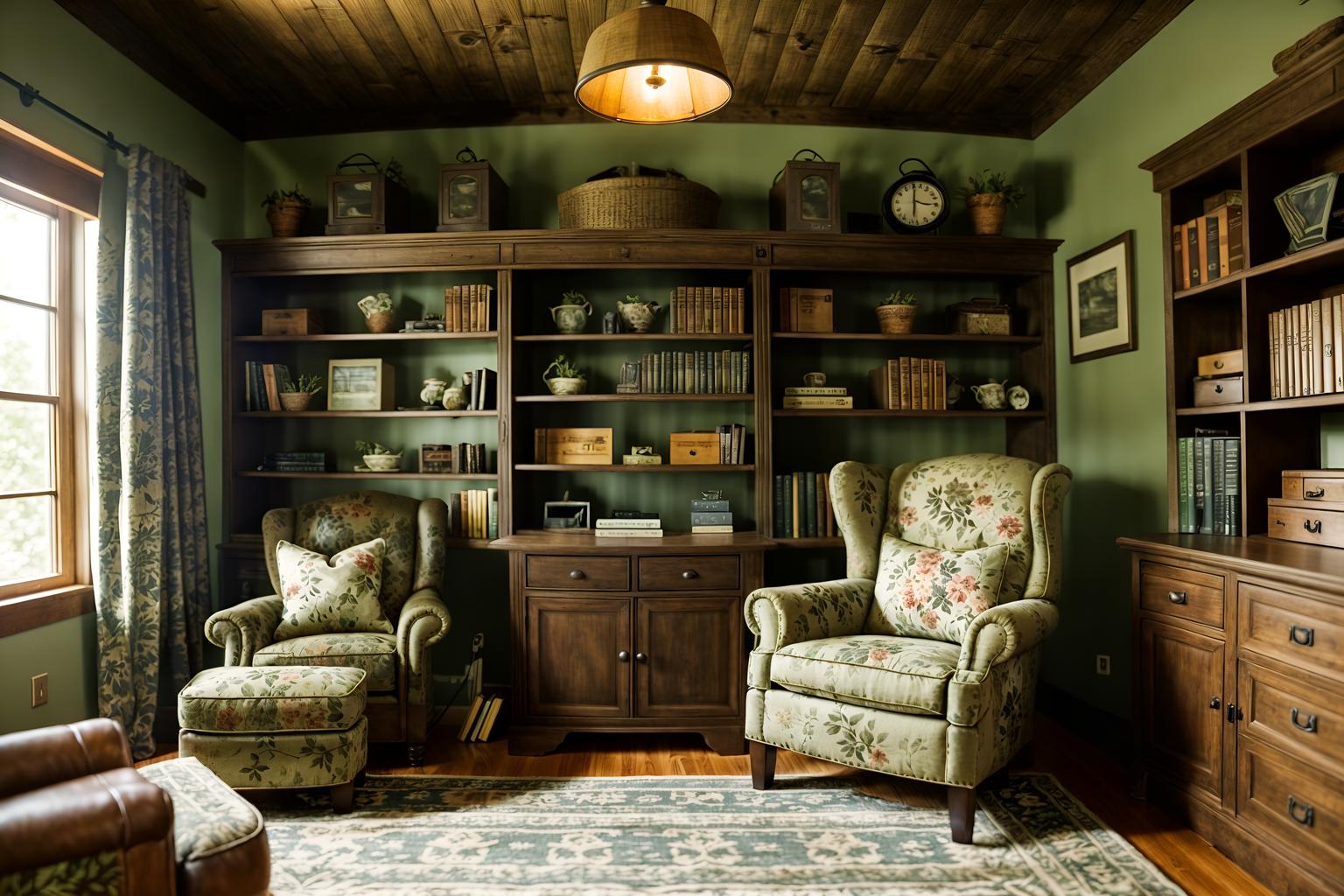 cottagecore-style (study room interior) with lounge chair and desk lamp and office chair and bookshelves and plant and cabinets and writing desk and lounge chair. . with organic and rustic and floral patterns and earthy and cottage style and country style and natural and muted colors. . cinematic photo, highly detailed, cinematic lighting, ultra-detailed, ultrarealistic, photorealism, 8k. cottagecore interior design style. masterpiece, cinematic light, ultrarealistic+, photorealistic+, 8k, raw photo, realistic, sharp focus on eyes, (symmetrical eyes), (intact eyes), hyperrealistic, highest quality, best quality, , highly detailed, masterpiece, best quality, extremely detailed 8k wallpaper, masterpiece, best quality, ultra-detailed, best shadow, detailed background, detailed face, detailed eyes, high contrast, best illumination, detailed face, dulux, caustic, dynamic angle, detailed glow. dramatic lighting. highly detailed, insanely detailed hair, symmetrical, intricate details, professionally retouched, 8k high definition. strong bokeh. award winning photo.