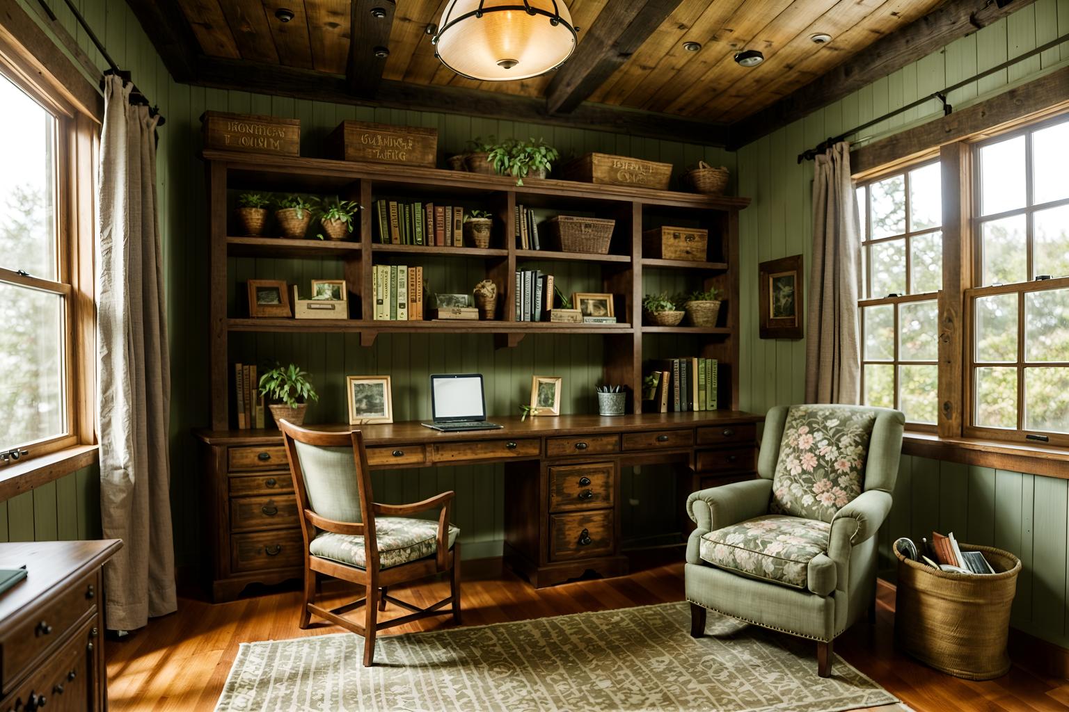 cottagecore-style (study room interior) with lounge chair and desk lamp and office chair and bookshelves and plant and cabinets and writing desk and lounge chair. . with organic and rustic and floral patterns and earthy and cottage style and country style and natural and muted colors. . cinematic photo, highly detailed, cinematic lighting, ultra-detailed, ultrarealistic, photorealism, 8k. cottagecore interior design style. masterpiece, cinematic light, ultrarealistic+, photorealistic+, 8k, raw photo, realistic, sharp focus on eyes, (symmetrical eyes), (intact eyes), hyperrealistic, highest quality, best quality, , highly detailed, masterpiece, best quality, extremely detailed 8k wallpaper, masterpiece, best quality, ultra-detailed, best shadow, detailed background, detailed face, detailed eyes, high contrast, best illumination, detailed face, dulux, caustic, dynamic angle, detailed glow. dramatic lighting. highly detailed, insanely detailed hair, symmetrical, intricate details, professionally retouched, 8k high definition. strong bokeh. award winning photo.