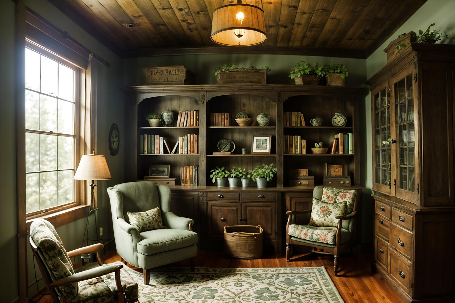 cottagecore-style (study room interior) with lounge chair and desk lamp and office chair and bookshelves and plant and cabinets and writing desk and lounge chair. . with organic and rustic and floral patterns and earthy and cottage style and country style and natural and muted colors. . cinematic photo, highly detailed, cinematic lighting, ultra-detailed, ultrarealistic, photorealism, 8k. cottagecore interior design style. masterpiece, cinematic light, ultrarealistic+, photorealistic+, 8k, raw photo, realistic, sharp focus on eyes, (symmetrical eyes), (intact eyes), hyperrealistic, highest quality, best quality, , highly detailed, masterpiece, best quality, extremely detailed 8k wallpaper, masterpiece, best quality, ultra-detailed, best shadow, detailed background, detailed face, detailed eyes, high contrast, best illumination, detailed face, dulux, caustic, dynamic angle, detailed glow. dramatic lighting. highly detailed, insanely detailed hair, symmetrical, intricate details, professionally retouched, 8k high definition. strong bokeh. award winning photo.