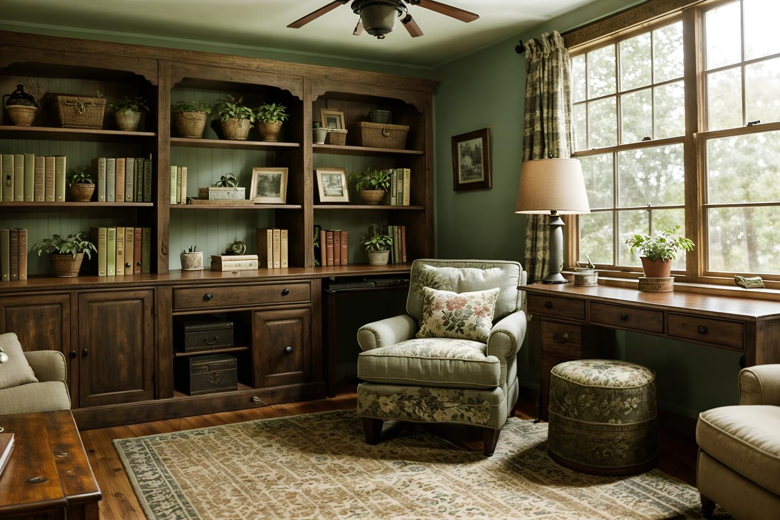 cottagecore-style (study room interior) with lounge chair and desk lamp and office chair and bookshelves and plant and cabinets and writing desk and lounge chair. . with organic and rustic and floral patterns and earthy and cottage style and country style and natural and muted colors. . cinematic photo, highly detailed, cinematic lighting, ultra-detailed, ultrarealistic, photorealism, 8k. cottagecore interior design style. masterpiece, cinematic light, ultrarealistic+, photorealistic+, 8k, raw photo, realistic, sharp focus on eyes, (symmetrical eyes), (intact eyes), hyperrealistic, highest quality, best quality, , highly detailed, masterpiece, best quality, extremely detailed 8k wallpaper, masterpiece, best quality, ultra-detailed, best shadow, detailed background, detailed face, detailed eyes, high contrast, best illumination, detailed face, dulux, caustic, dynamic angle, detailed glow. dramatic lighting. highly detailed, insanely detailed hair, symmetrical, intricate details, professionally retouched, 8k high definition. strong bokeh. award winning photo.