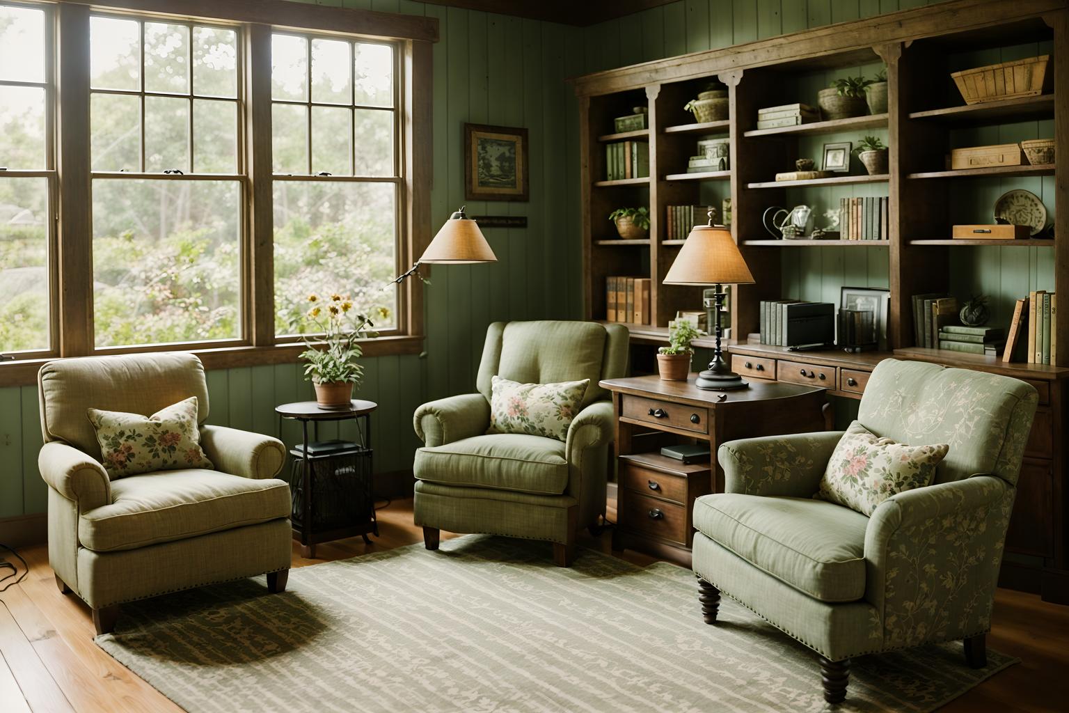 cottagecore-style (study room interior) with lounge chair and desk lamp and office chair and bookshelves and plant and cabinets and writing desk and lounge chair. . with organic and rustic and floral patterns and earthy and cottage style and country style and natural and muted colors. . cinematic photo, highly detailed, cinematic lighting, ultra-detailed, ultrarealistic, photorealism, 8k. cottagecore interior design style. masterpiece, cinematic light, ultrarealistic+, photorealistic+, 8k, raw photo, realistic, sharp focus on eyes, (symmetrical eyes), (intact eyes), hyperrealistic, highest quality, best quality, , highly detailed, masterpiece, best quality, extremely detailed 8k wallpaper, masterpiece, best quality, ultra-detailed, best shadow, detailed background, detailed face, detailed eyes, high contrast, best illumination, detailed face, dulux, caustic, dynamic angle, detailed glow. dramatic lighting. highly detailed, insanely detailed hair, symmetrical, intricate details, professionally retouched, 8k high definition. strong bokeh. award winning photo.