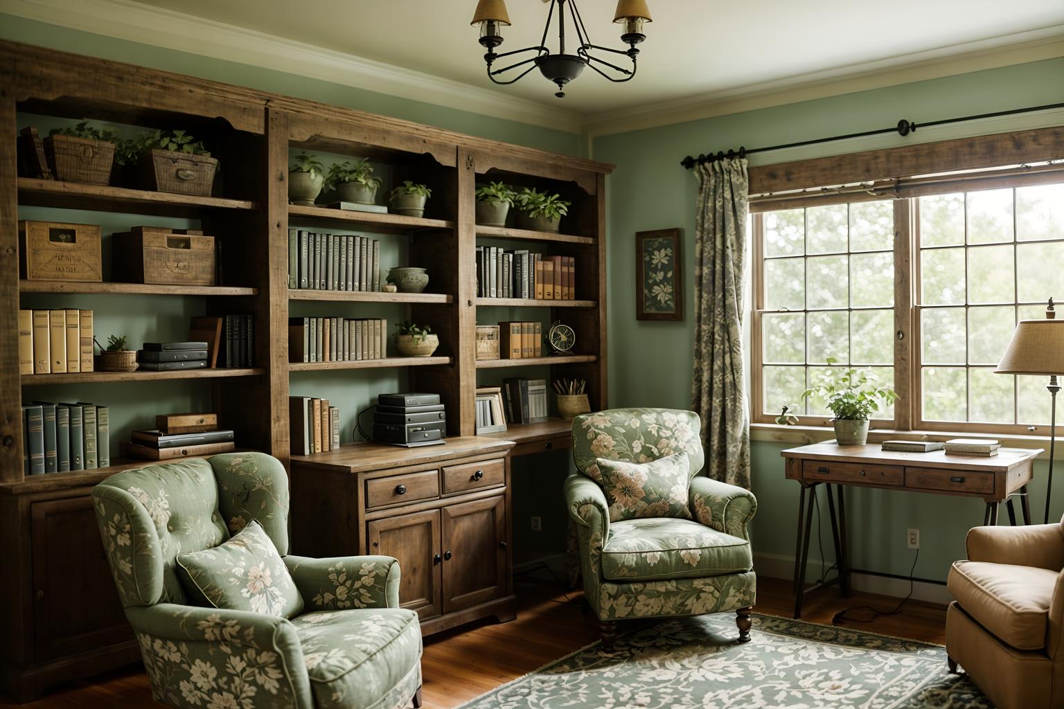 cottagecore-style (study room interior) with lounge chair and desk lamp and office chair and bookshelves and plant and cabinets and writing desk and lounge chair. . with organic and rustic and floral patterns and earthy and cottage style and country style and natural and muted colors. . cinematic photo, highly detailed, cinematic lighting, ultra-detailed, ultrarealistic, photorealism, 8k. cottagecore interior design style. masterpiece, cinematic light, ultrarealistic+, photorealistic+, 8k, raw photo, realistic, sharp focus on eyes, (symmetrical eyes), (intact eyes), hyperrealistic, highest quality, best quality, , highly detailed, masterpiece, best quality, extremely detailed 8k wallpaper, masterpiece, best quality, ultra-detailed, best shadow, detailed background, detailed face, detailed eyes, high contrast, best illumination, detailed face, dulux, caustic, dynamic angle, detailed glow. dramatic lighting. highly detailed, insanely detailed hair, symmetrical, intricate details, professionally retouched, 8k high definition. strong bokeh. award winning photo.