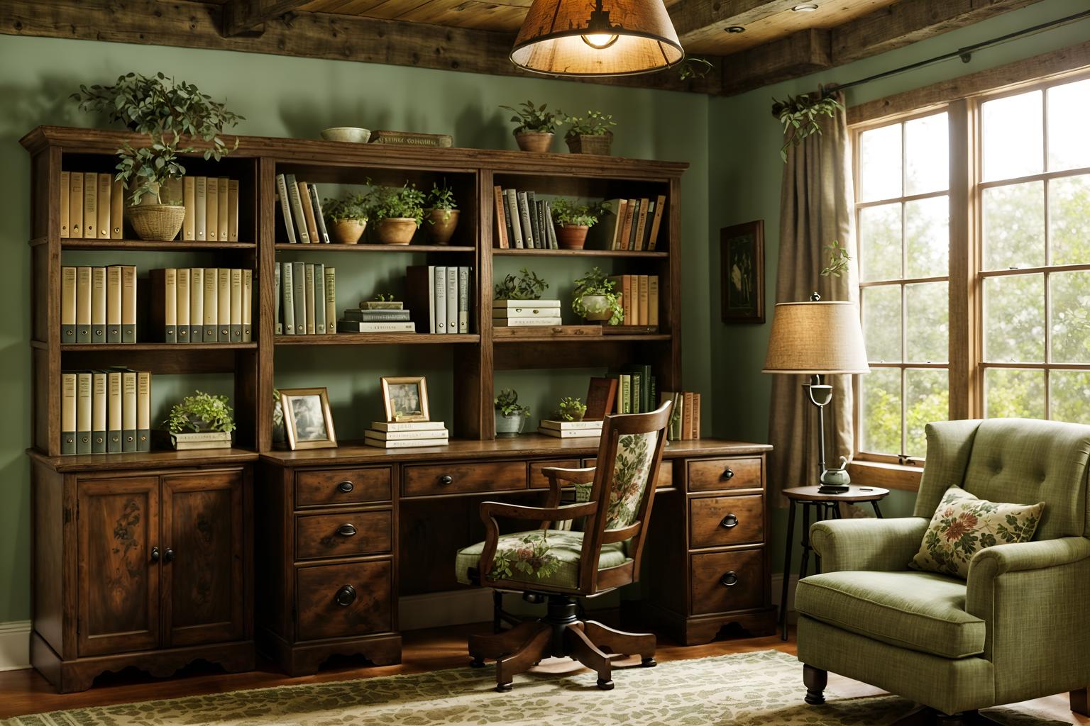 cottagecore-style (study room interior) with lounge chair and desk lamp and office chair and bookshelves and plant and cabinets and writing desk and lounge chair. . with organic and rustic and floral patterns and earthy and cottage style and country style and natural and muted colors. . cinematic photo, highly detailed, cinematic lighting, ultra-detailed, ultrarealistic, photorealism, 8k. cottagecore interior design style. masterpiece, cinematic light, ultrarealistic+, photorealistic+, 8k, raw photo, realistic, sharp focus on eyes, (symmetrical eyes), (intact eyes), hyperrealistic, highest quality, best quality, , highly detailed, masterpiece, best quality, extremely detailed 8k wallpaper, masterpiece, best quality, ultra-detailed, best shadow, detailed background, detailed face, detailed eyes, high contrast, best illumination, detailed face, dulux, caustic, dynamic angle, detailed glow. dramatic lighting. highly detailed, insanely detailed hair, symmetrical, intricate details, professionally retouched, 8k high definition. strong bokeh. award winning photo.