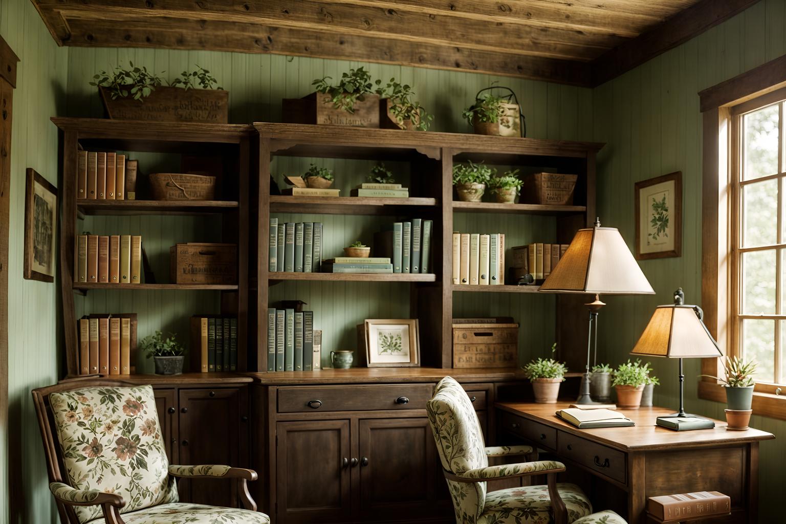 cottagecore-style (study room interior) with lounge chair and desk lamp and office chair and bookshelves and plant and cabinets and writing desk and lounge chair. . with organic and rustic and floral patterns and earthy and cottage style and country style and natural and muted colors. . cinematic photo, highly detailed, cinematic lighting, ultra-detailed, ultrarealistic, photorealism, 8k. cottagecore interior design style. masterpiece, cinematic light, ultrarealistic+, photorealistic+, 8k, raw photo, realistic, sharp focus on eyes, (symmetrical eyes), (intact eyes), hyperrealistic, highest quality, best quality, , highly detailed, masterpiece, best quality, extremely detailed 8k wallpaper, masterpiece, best quality, ultra-detailed, best shadow, detailed background, detailed face, detailed eyes, high contrast, best illumination, detailed face, dulux, caustic, dynamic angle, detailed glow. dramatic lighting. highly detailed, insanely detailed hair, symmetrical, intricate details, professionally retouched, 8k high definition. strong bokeh. award winning photo.