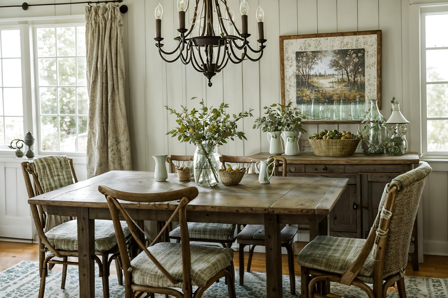 cottagecore-style (dining room interior) with dining table chairs and plant and vase and table cloth and plates, cutlery and glasses on dining table and light or chandelier and painting or photo on wall and dining table. . with natural and muted colors and floral patterns and organic and cottage style and country style and earthy and traditional. . cinematic photo, highly detailed, cinematic lighting, ultra-detailed, ultrarealistic, photorealism, 8k. cottagecore interior design style. masterpiece, cinematic light, ultrarealistic+, photorealistic+, 8k, raw photo, realistic, sharp focus on eyes, (symmetrical eyes), (intact eyes), hyperrealistic, highest quality, best quality, , highly detailed, masterpiece, best quality, extremely detailed 8k wallpaper, masterpiece, best quality, ultra-detailed, best shadow, detailed background, detailed face, detailed eyes, high contrast, best illumination, detailed face, dulux, caustic, dynamic angle, detailed glow. dramatic lighting. highly detailed, insanely detailed hair, symmetrical, intricate details, professionally retouched, 8k high definition. strong bokeh. award winning photo.