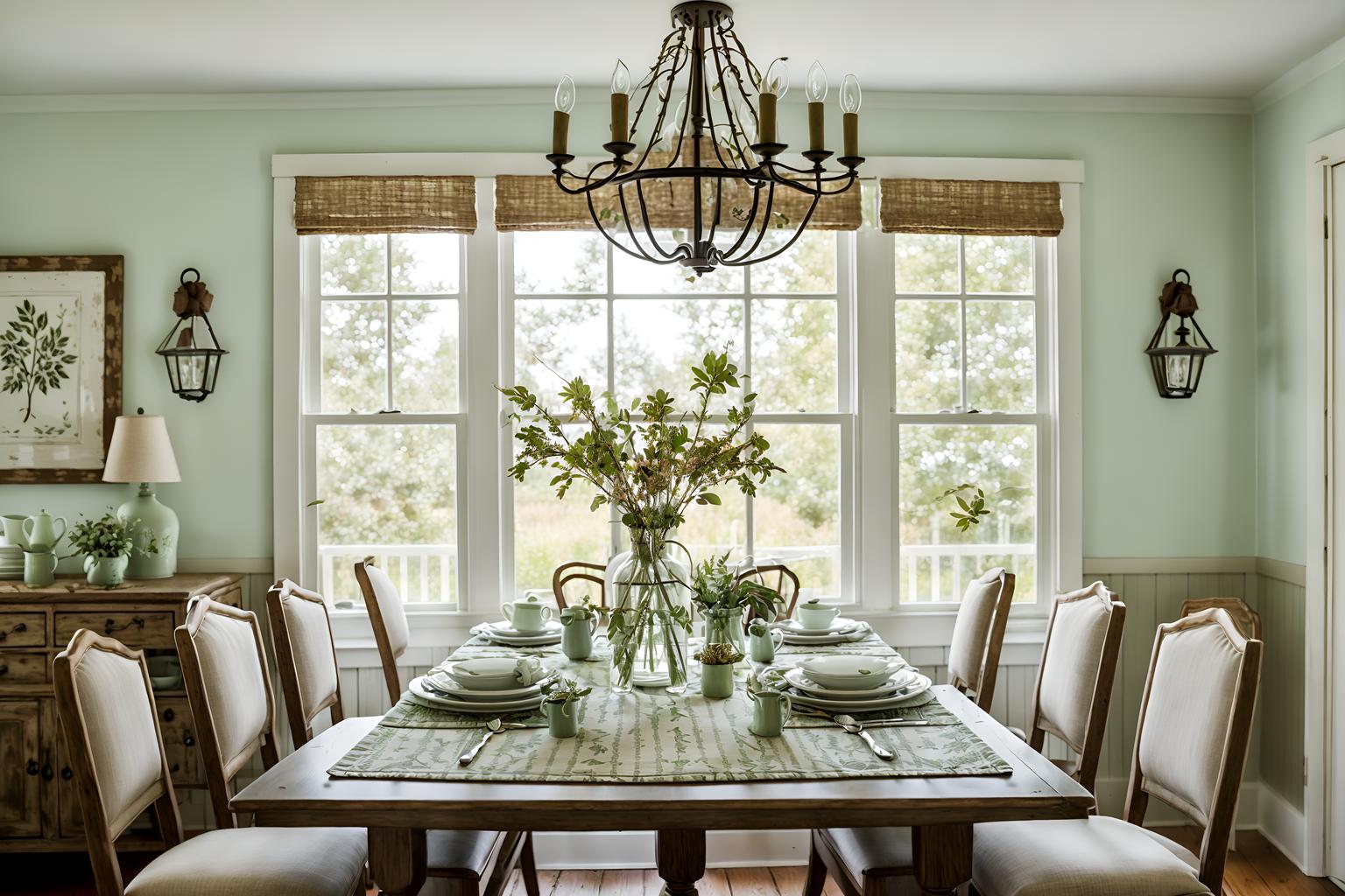 cottagecore-style (dining room interior) with dining table chairs and plant and vase and table cloth and plates, cutlery and glasses on dining table and light or chandelier and painting or photo on wall and dining table. . with natural and muted colors and floral patterns and organic and cottage style and country style and earthy and traditional. . cinematic photo, highly detailed, cinematic lighting, ultra-detailed, ultrarealistic, photorealism, 8k. cottagecore interior design style. masterpiece, cinematic light, ultrarealistic+, photorealistic+, 8k, raw photo, realistic, sharp focus on eyes, (symmetrical eyes), (intact eyes), hyperrealistic, highest quality, best quality, , highly detailed, masterpiece, best quality, extremely detailed 8k wallpaper, masterpiece, best quality, ultra-detailed, best shadow, detailed background, detailed face, detailed eyes, high contrast, best illumination, detailed face, dulux, caustic, dynamic angle, detailed glow. dramatic lighting. highly detailed, insanely detailed hair, symmetrical, intricate details, professionally retouched, 8k high definition. strong bokeh. award winning photo.